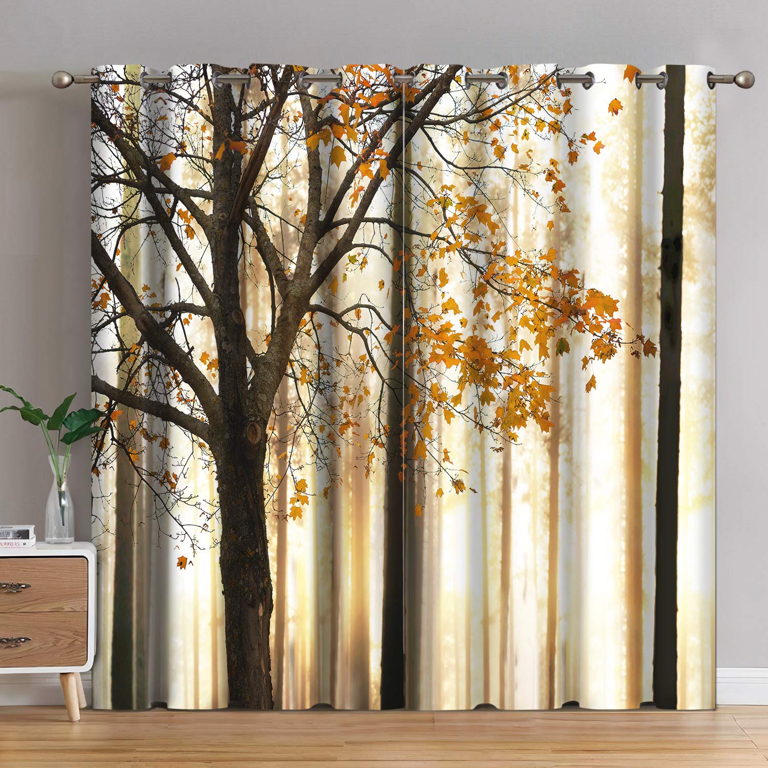 Jekeno Fall Tree Blackout Curtains Autumn Maple Tree Yellow Orange Leaves Brown Branch Wooden Nature Tree Decor Bedroom Living R