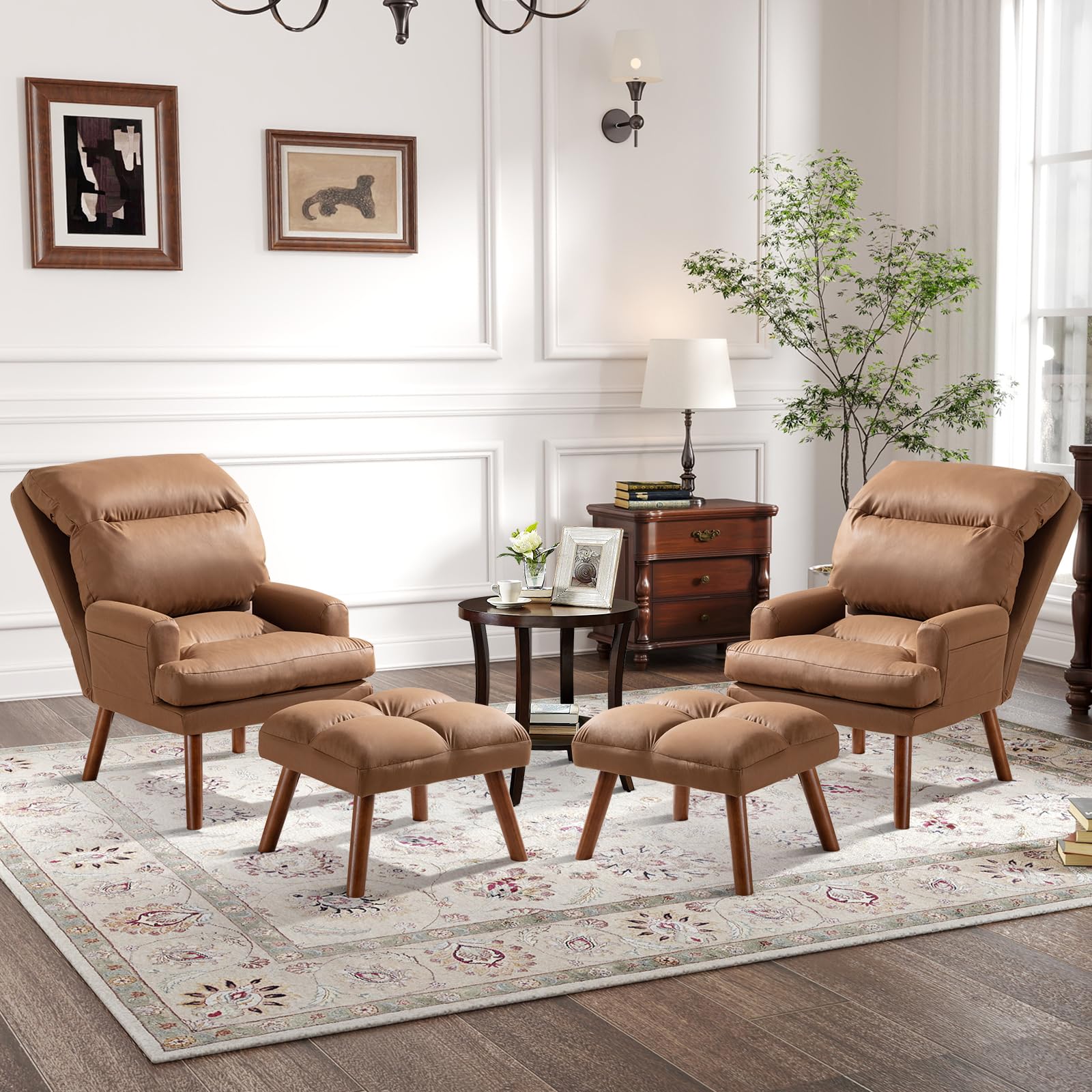 CANMOV Modern Accent Chair with Ottoman Set of 2, Soft Fabric Armchair with Adjustable Backrest and Side Pockets, Comfy Lounge C