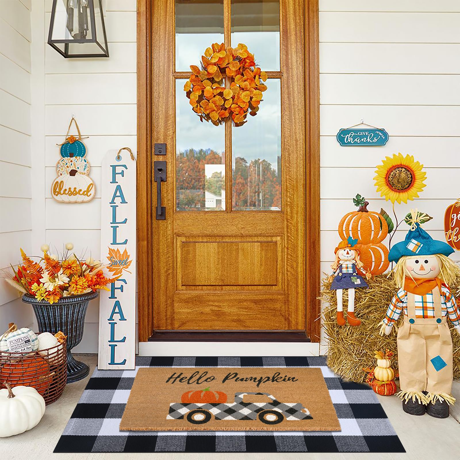 Fallovea Fall Door Mat Combo Set, Hello Pumpkin 100% Coco Coir Welcome Doormat + 28 x 43 Black and White Plaid, Autumn Thanksgiv