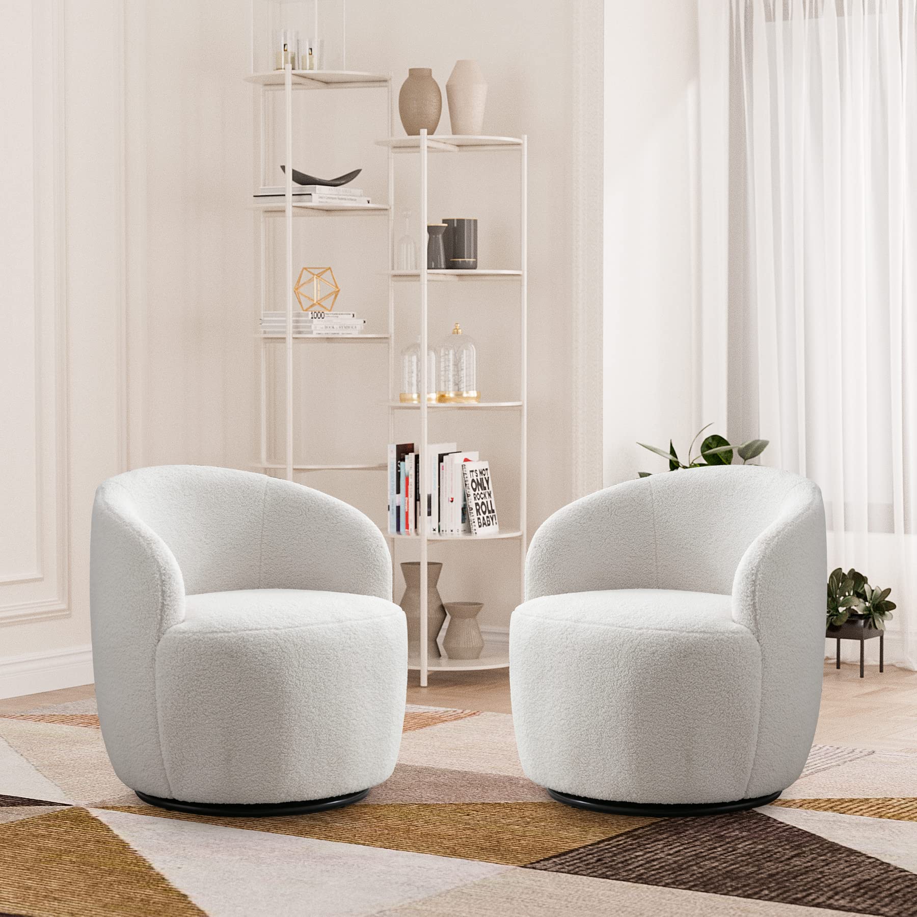 Wrofly Swivel Barrel Chair Set of 2, 360 Degree Boucle Swivel Accent Chair, Upholstered Sherpa Round Armchair, Modern Small Read