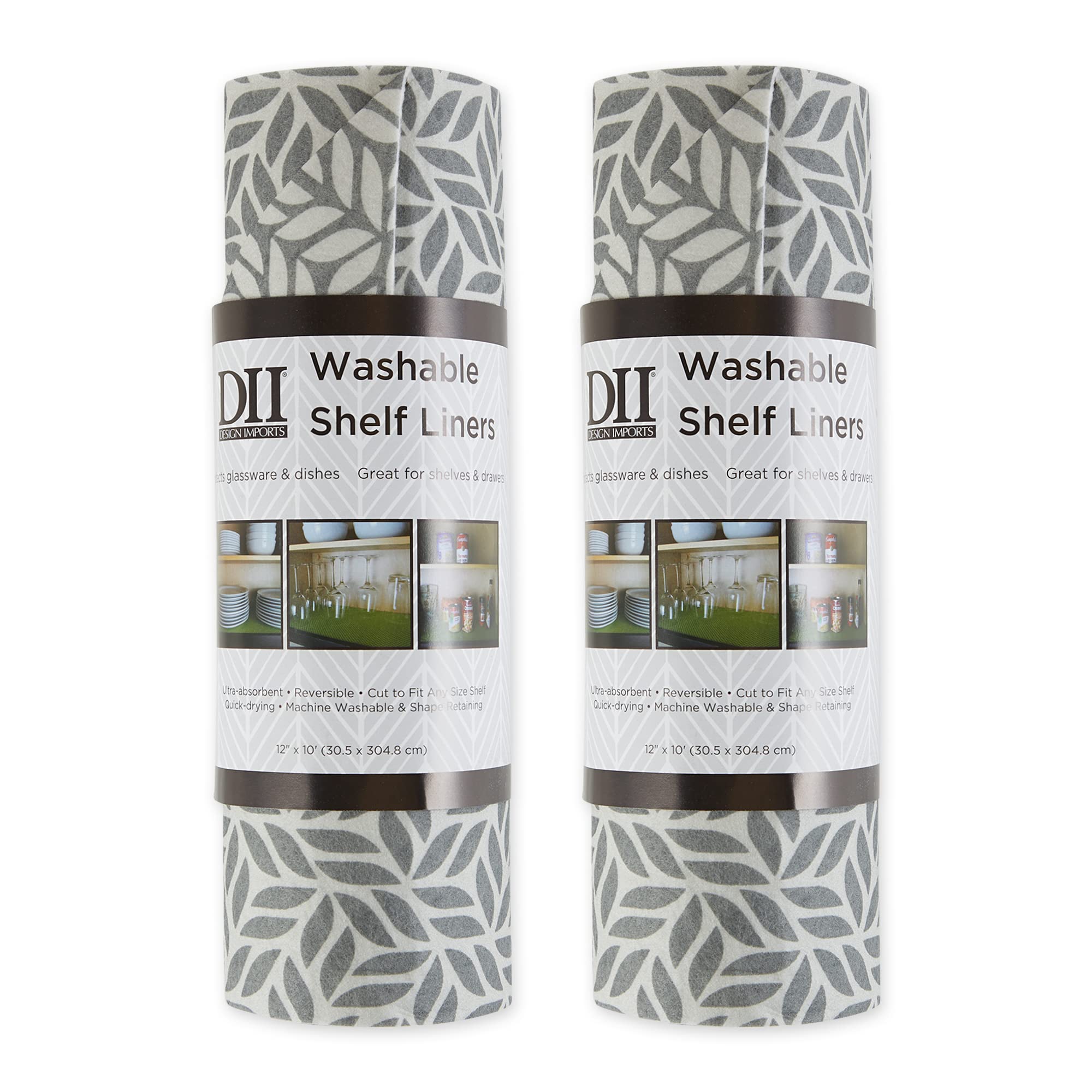 DII Fridge & Shelf Liner Collection Non-Adhesive, Cut to fit, Machine Washable, 12x20, Gray Abstract Leaf, 2 Piece