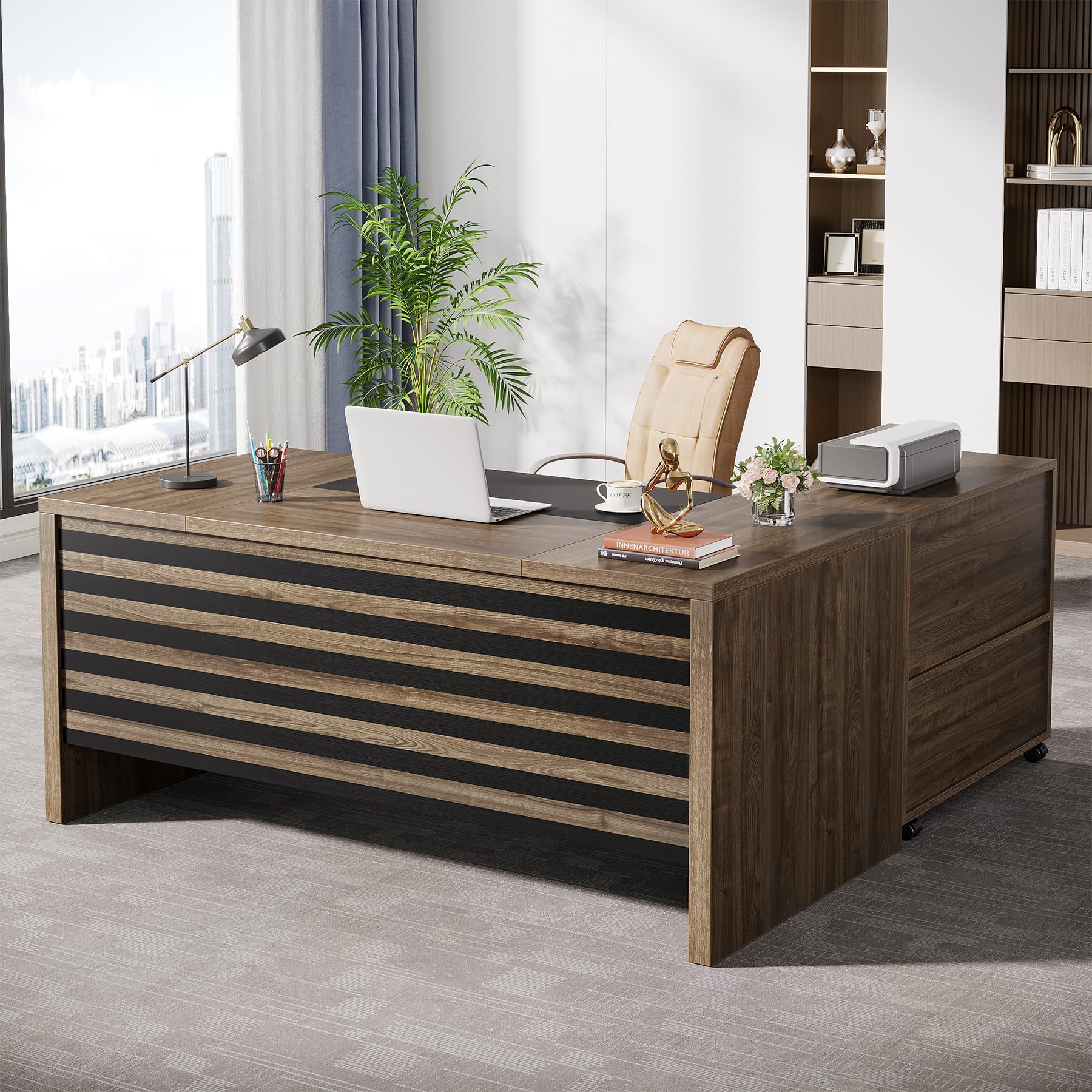 Tribesigns 62.2 Executive Desk with Mobile File Cabinet, L-Shaped Office Desk with Storage Shelves, Large Computer Desk Business
