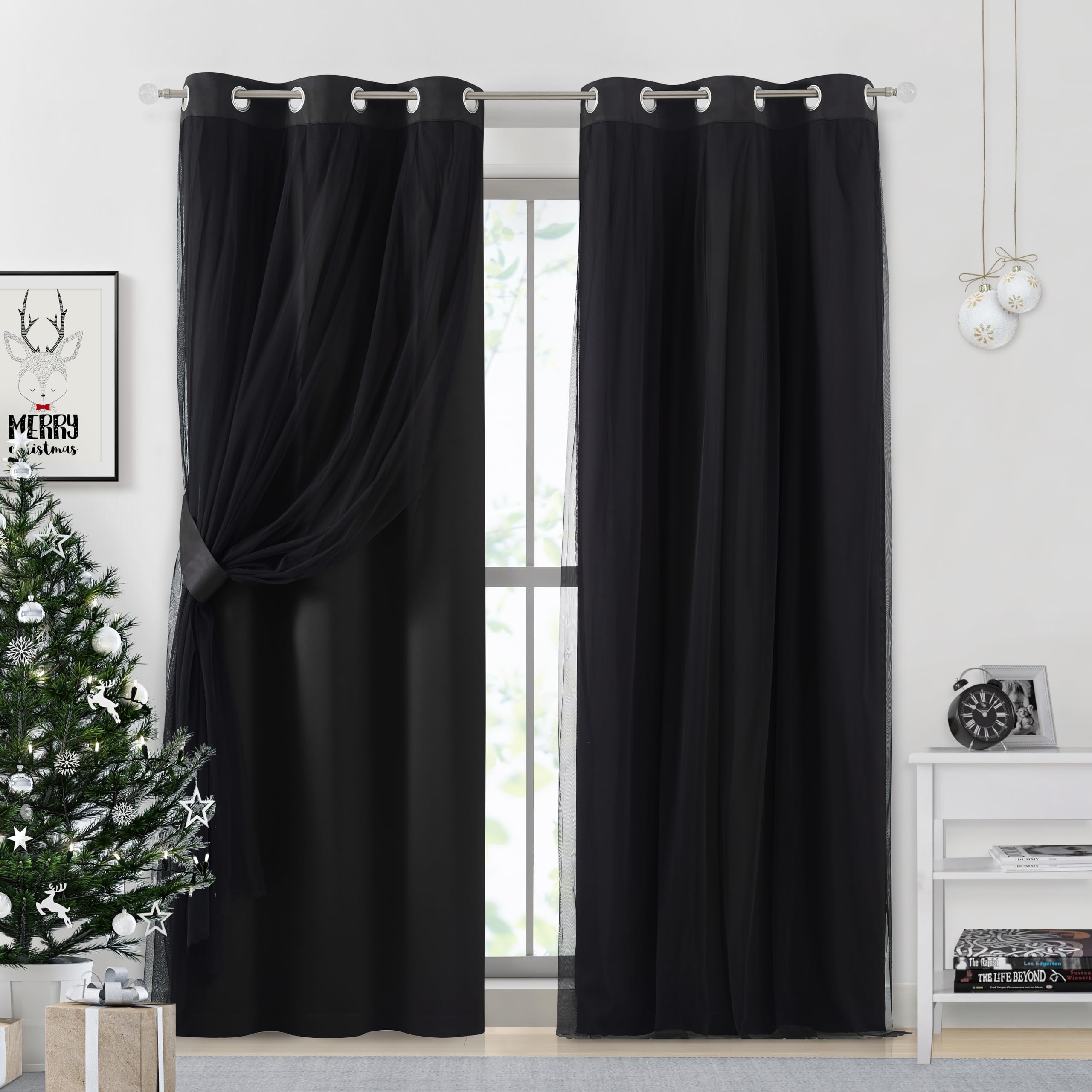 Bujasso Black Full Blackout Curtains with Sheer Overlay Mix and Match Double Layer Thermal Insulated Window Panels 84 inch for L
