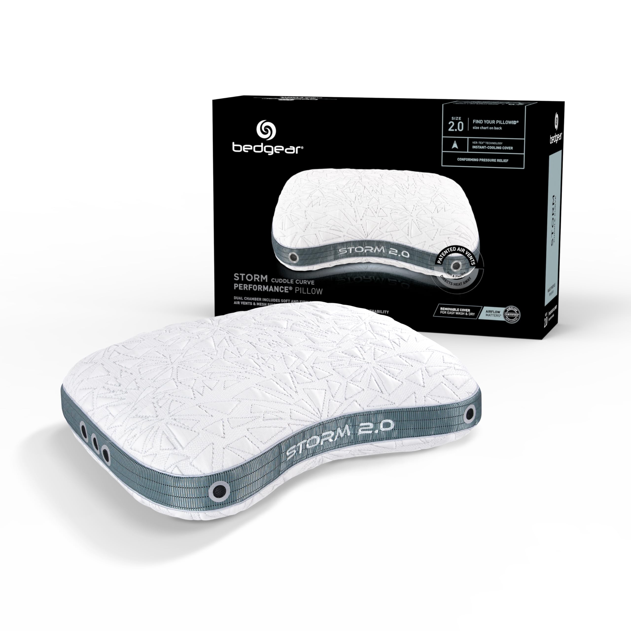 Bedgear Storm Cuddle Curve Performance Pillow - Size 2.0 - Cooling Bed Pillow for Side Sleepers - Medium Firmness- Washable and 