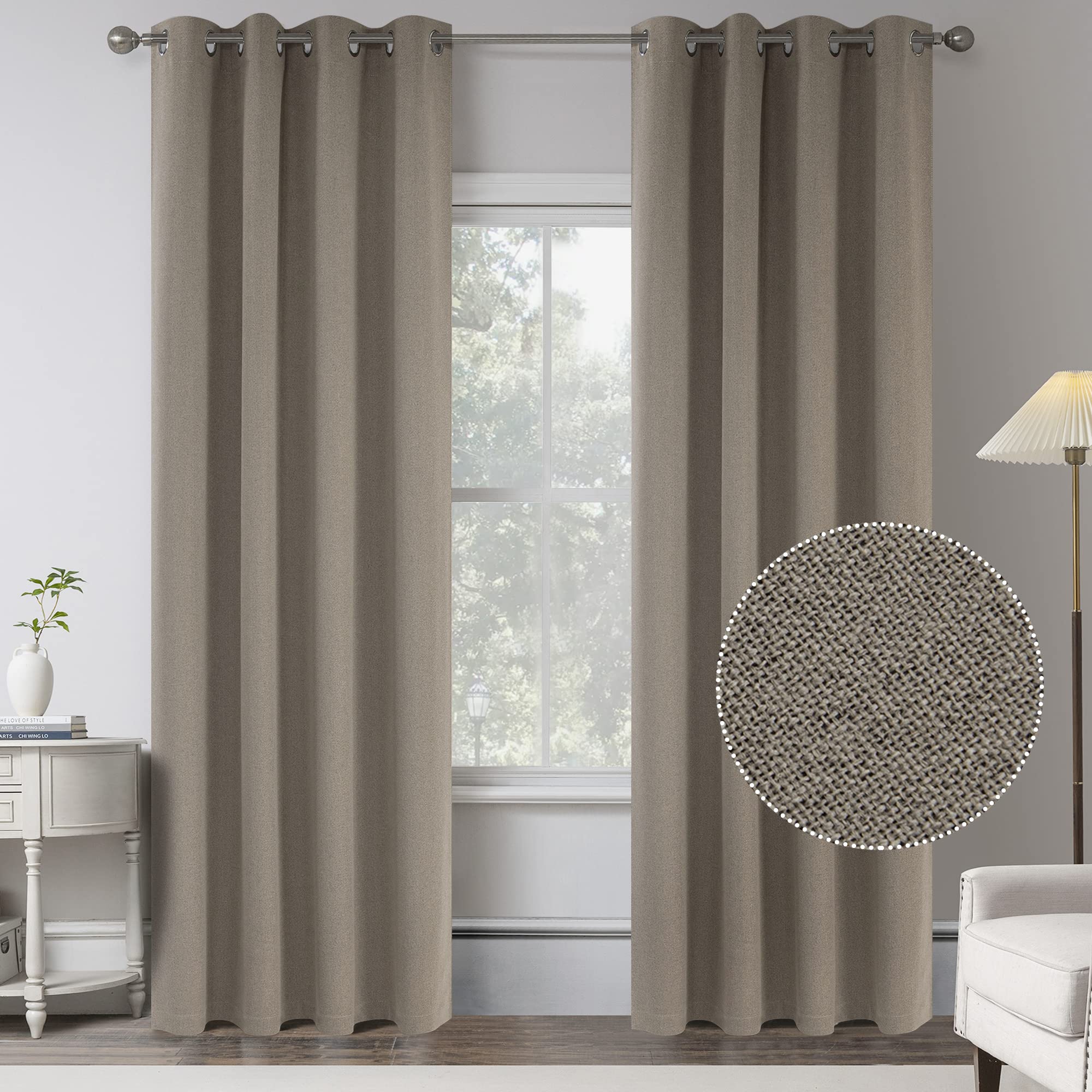 Linen 100% Blackout Curtains for Bedroom - 95 Inches Long Energy Saving Thermal Insulated Window Treatment Rustic Style Curtain 
