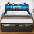 Furnulem Queen Bed Frame with Storage Drawers, Upholstered Headboard with Storage Shelf, LED Lights and Charging Station, Metal 