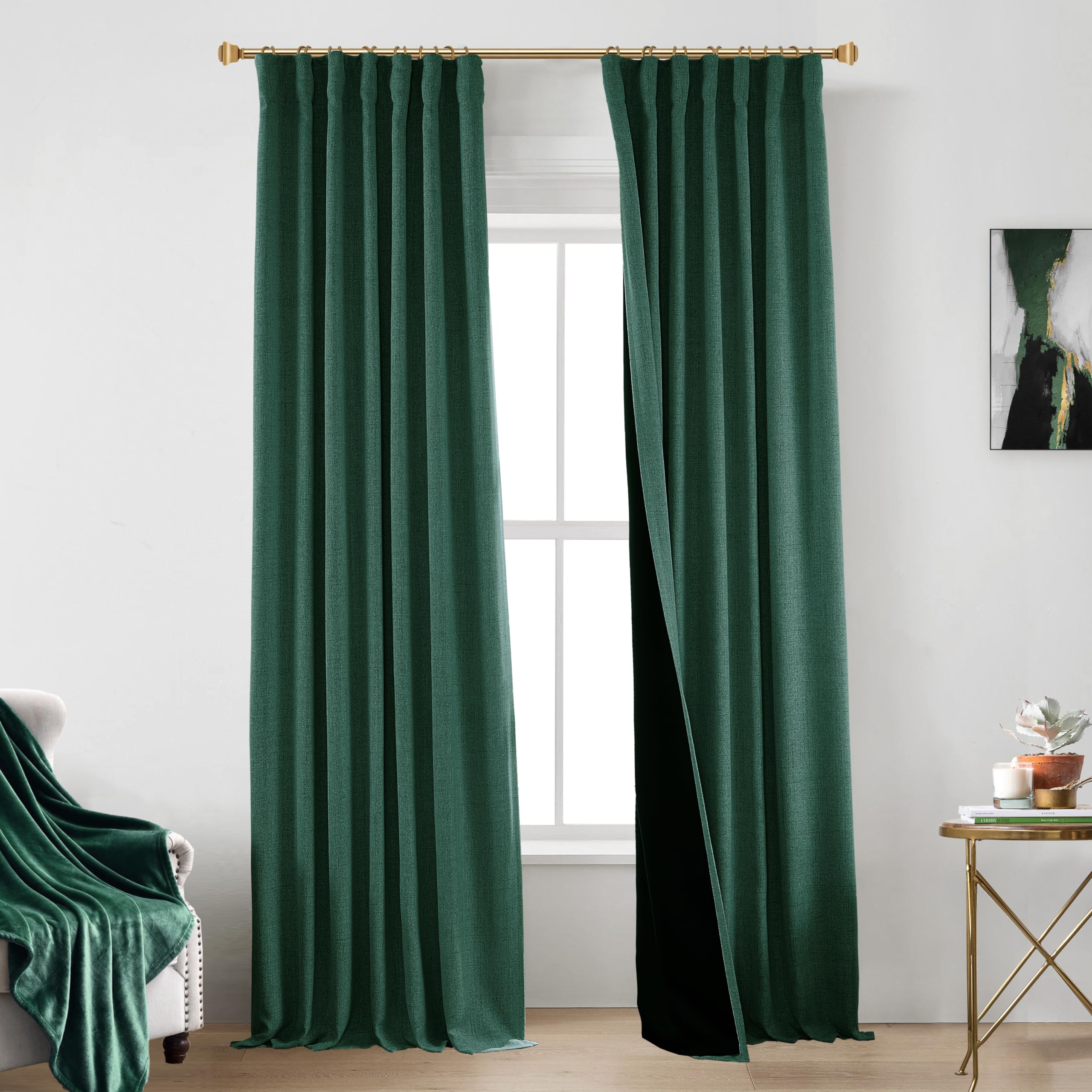 PANELSBURG Green Curtains 96 Inches Long for Living Room,Blackout Pleated Thermal Window lnsulation Fabric Heavy Weights Linen D