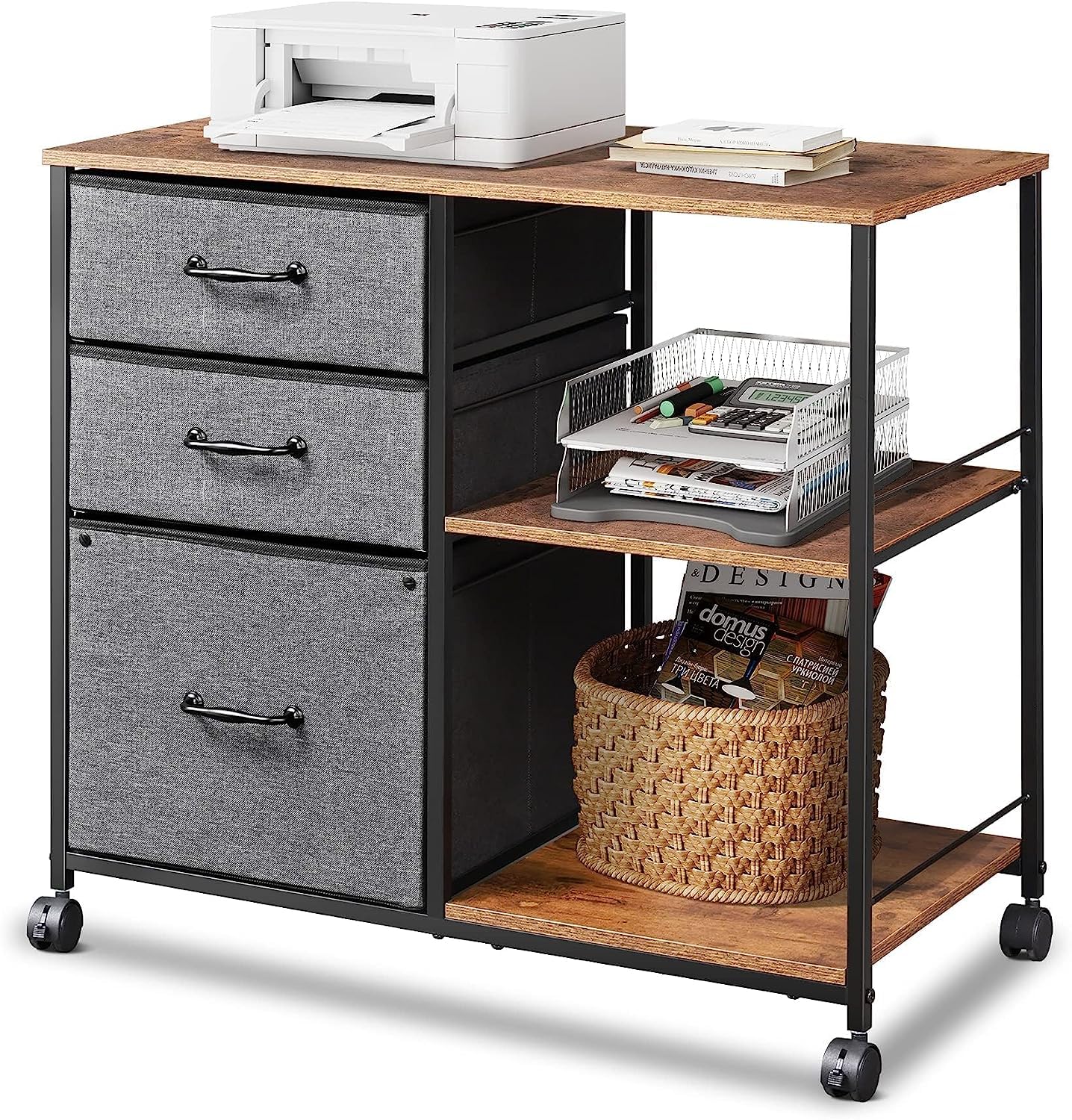 DEVAISE 3 Drawer Mobile File Cabinet, Rolling Printer Stand with Open Storage Shelf, Fabric Lateral Filing Cabinet fits A4 or Le