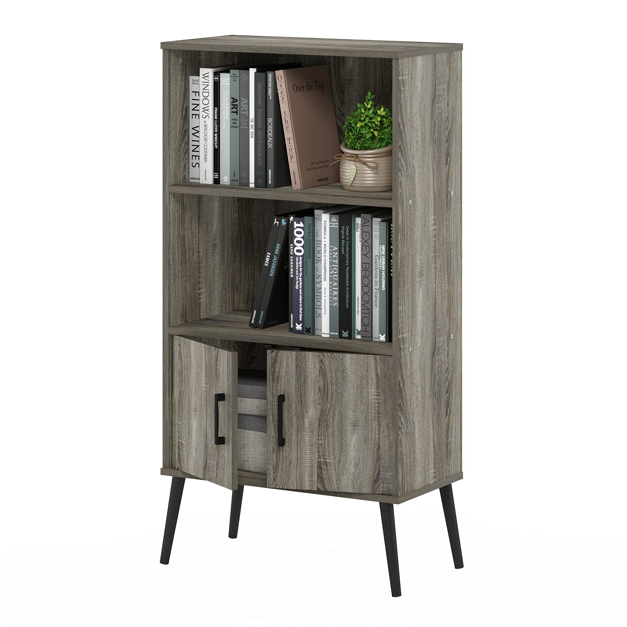 Furinno Claude Mid Century Style Accent Wooden Leg Bookcase Cabinet with Storage Organizer Shelves, French Oak Grey