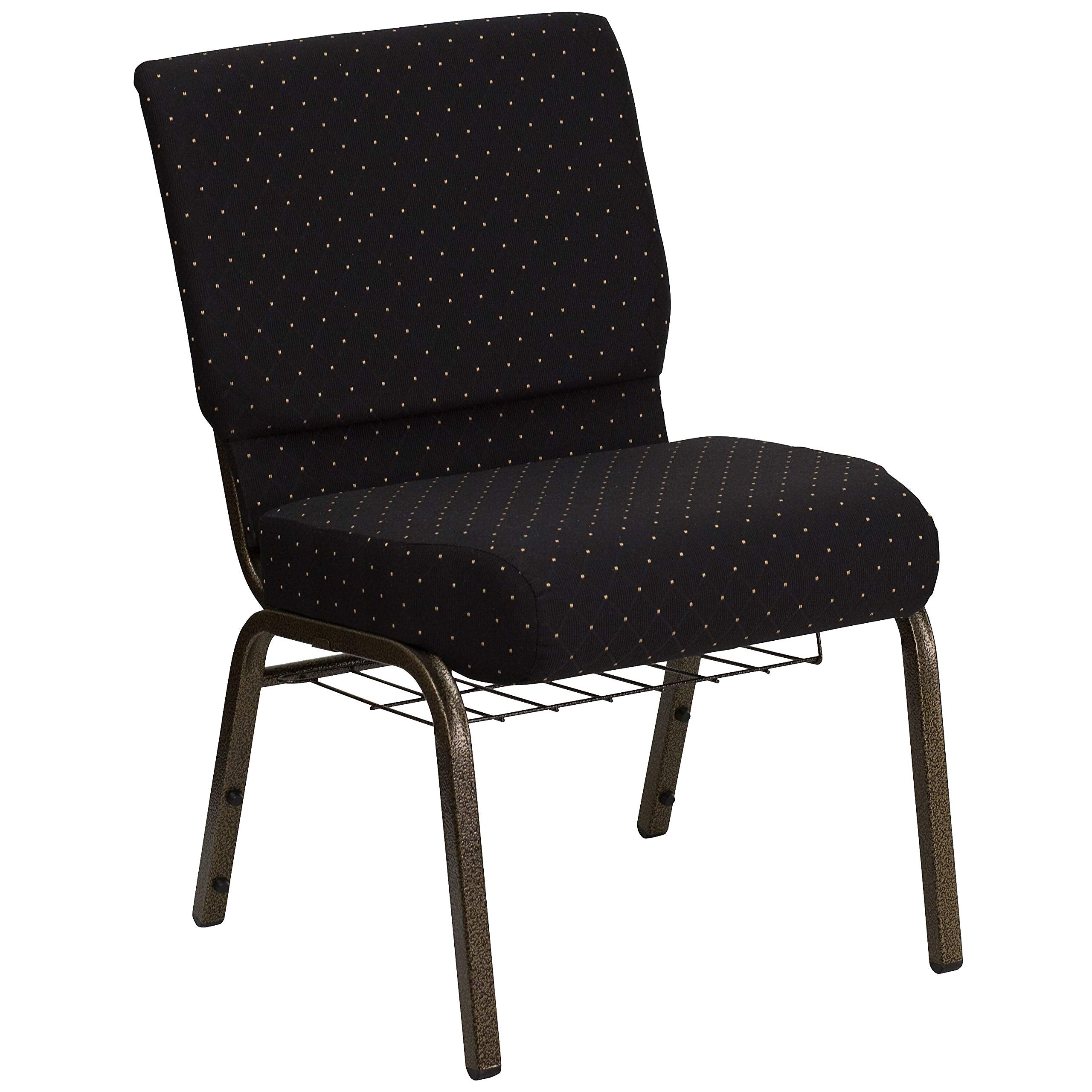 Flash Furniture HERCULES Series 21W Church Chair in Black Dot Patterned Fabric with Cup Book Rack - Gold Vein Frame