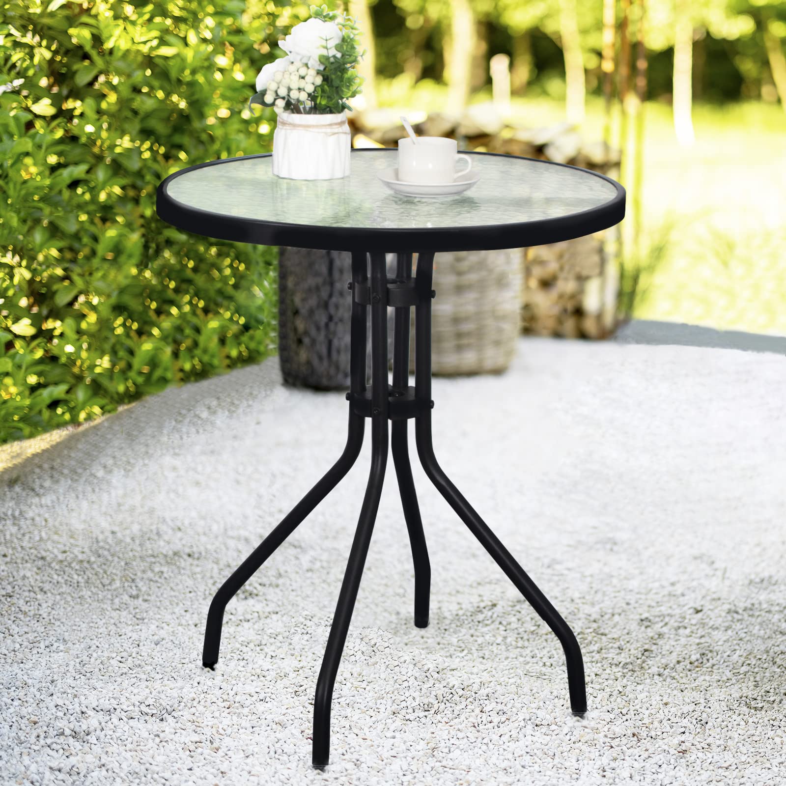 DIMAR GARDEN 24 Outdoor Side Table Patio Metal Round Bistro Coffee Table with Glass Top,Black