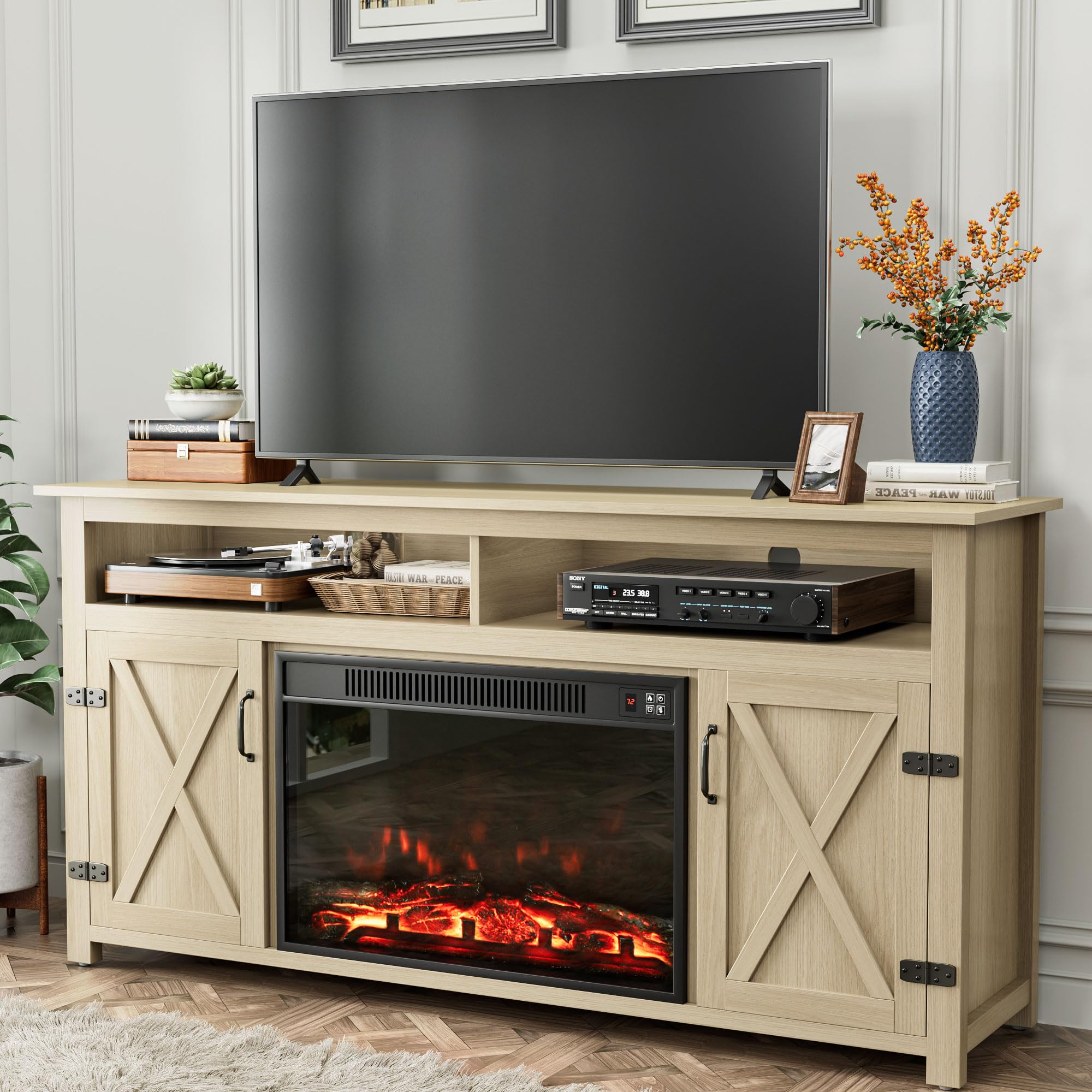 YESHOMY ESHOMY Fireplace TV Stand for Television up to 65+ Inch with Storage and Farmhouse Barn Doors, Entertainment Center with