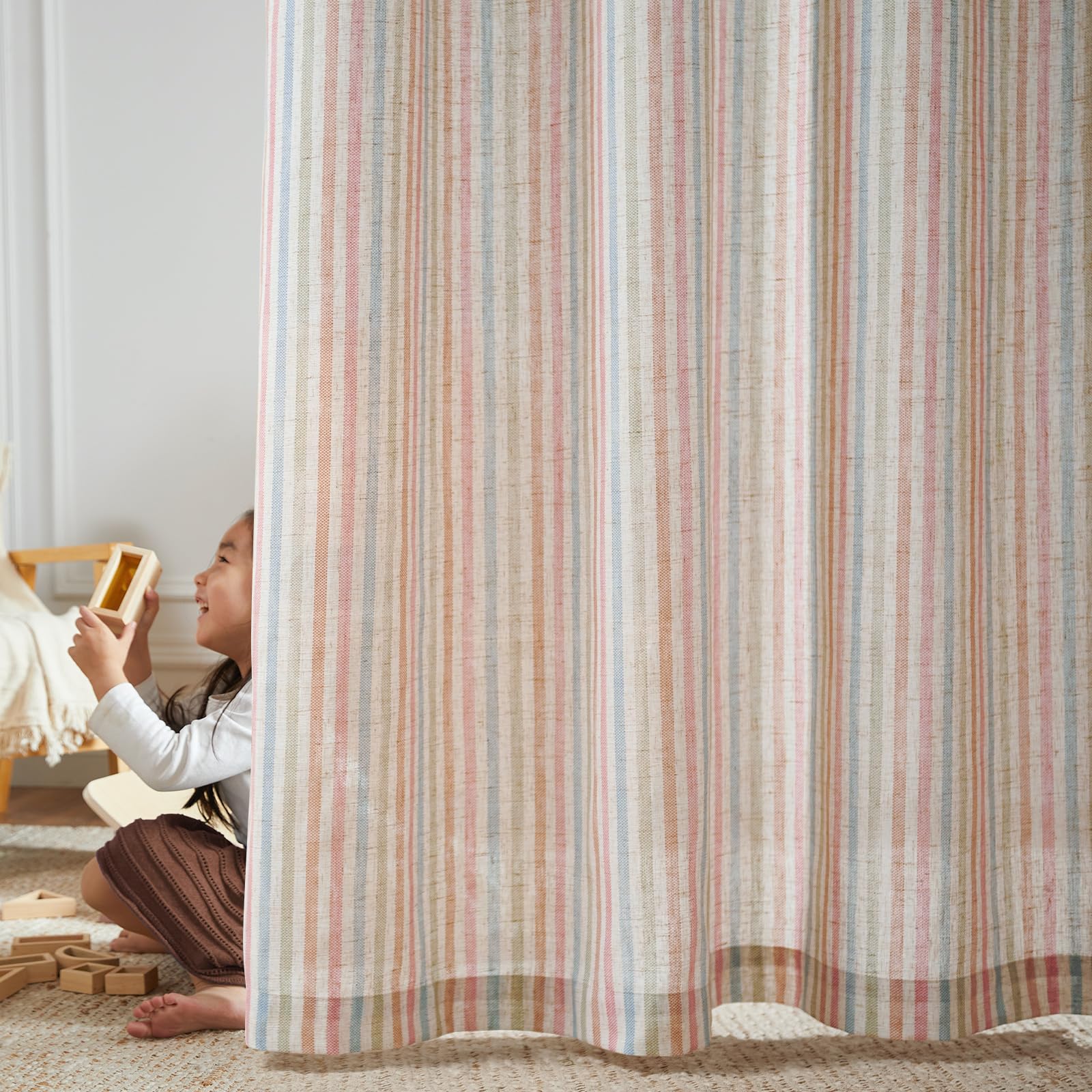 jinchan Linen Curtains for Living Room Candy Striped Curtains 84 inch Length for Baby Girls Kids Room Ticking Stripe Pattern Lig