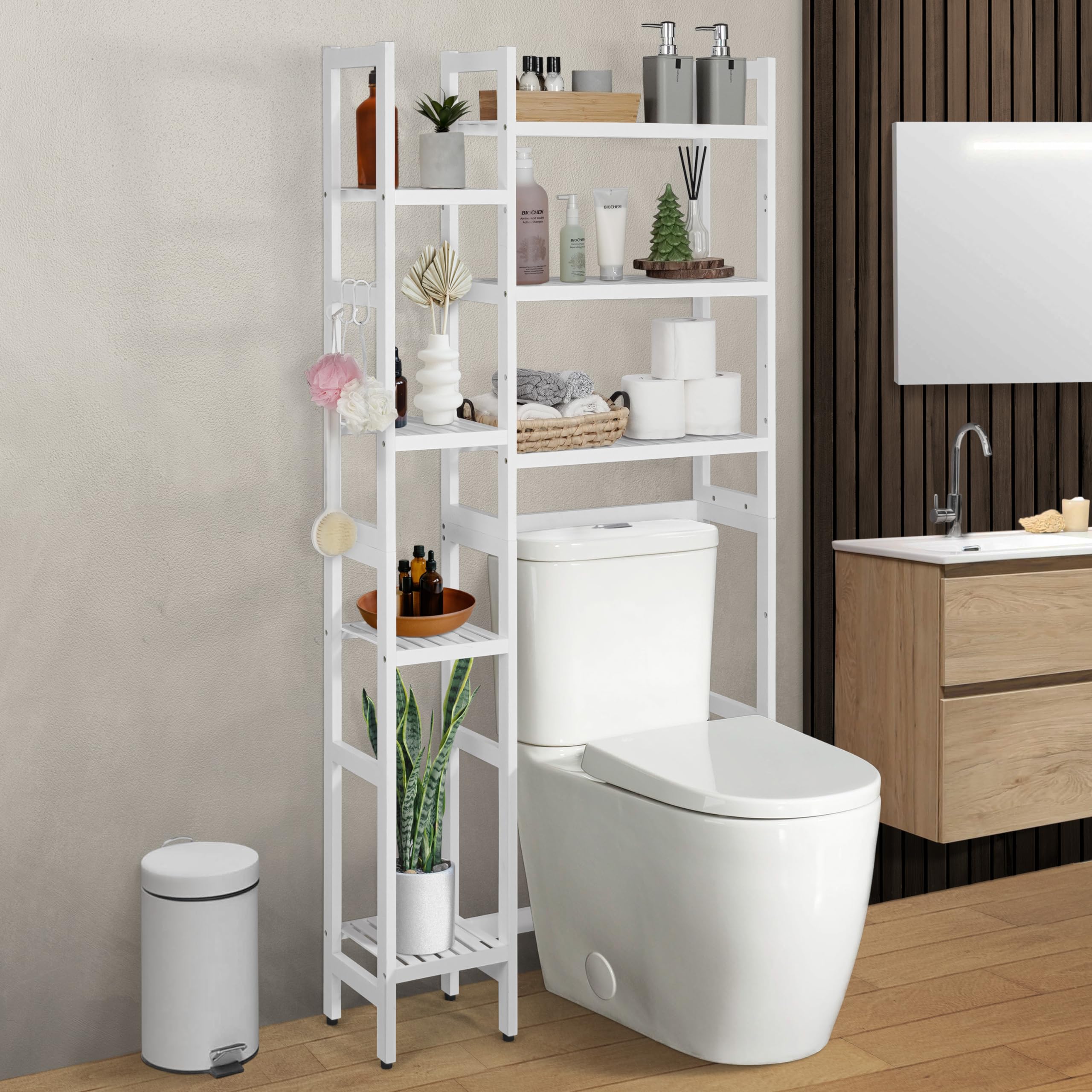 CAPHAUS Bamboo Over The Toilet Storage, Behind Toilet Bathroom Shelf Rack with Hooks & Adjustable Feet, 31-Inch Freestanding Toi