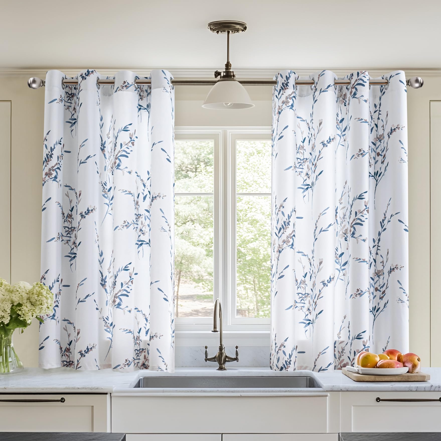 MYSKY HOME Floral Curtains 45 inch Long Thermal Insulated Light Filtering Soft Curtains for Bedroom Bathroom Grommet Top Leaf Fl