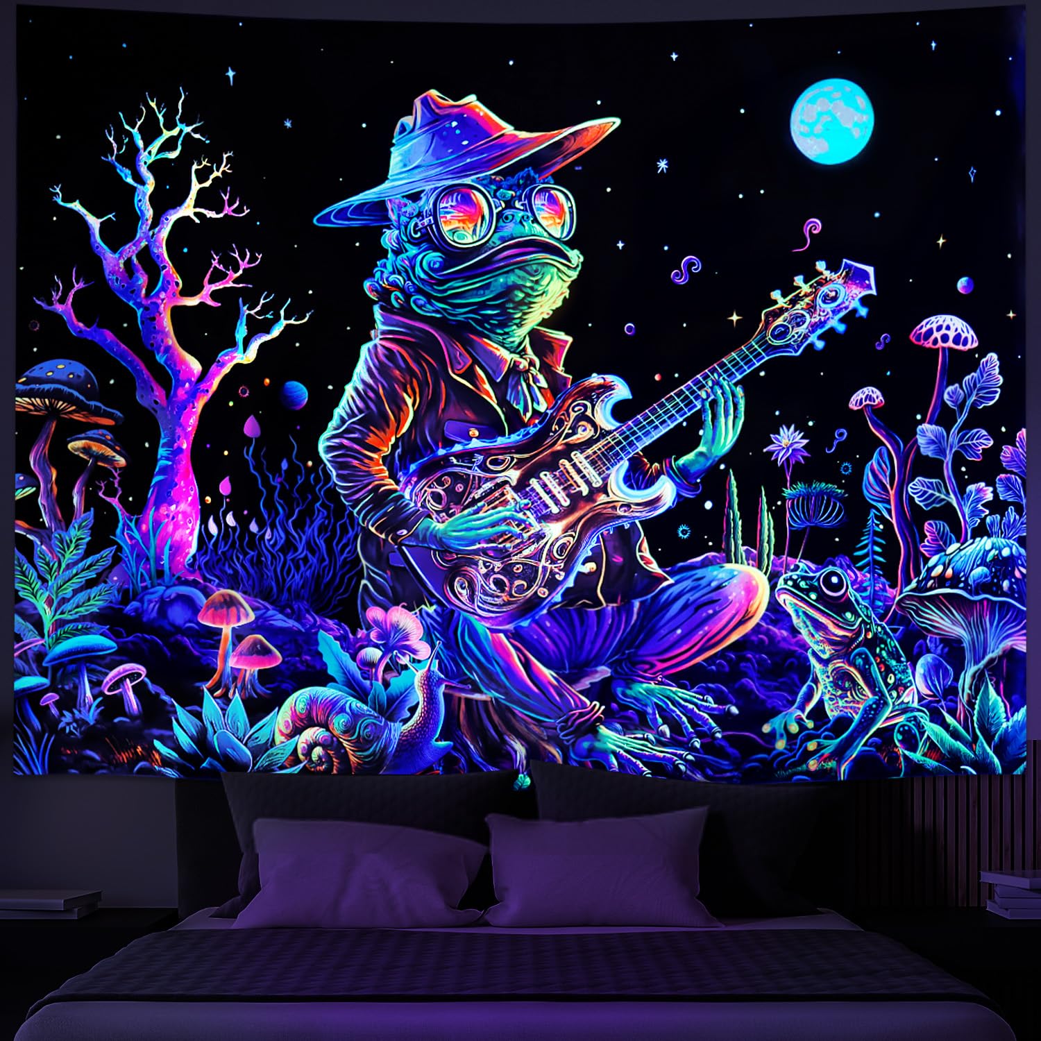 Galoker Blacklight Frog Tapestry Fantasy Neon Mushroom Tapestry UV Reactive Plant Floral Wall Tapestry Galaxy Space Tapestry Wal