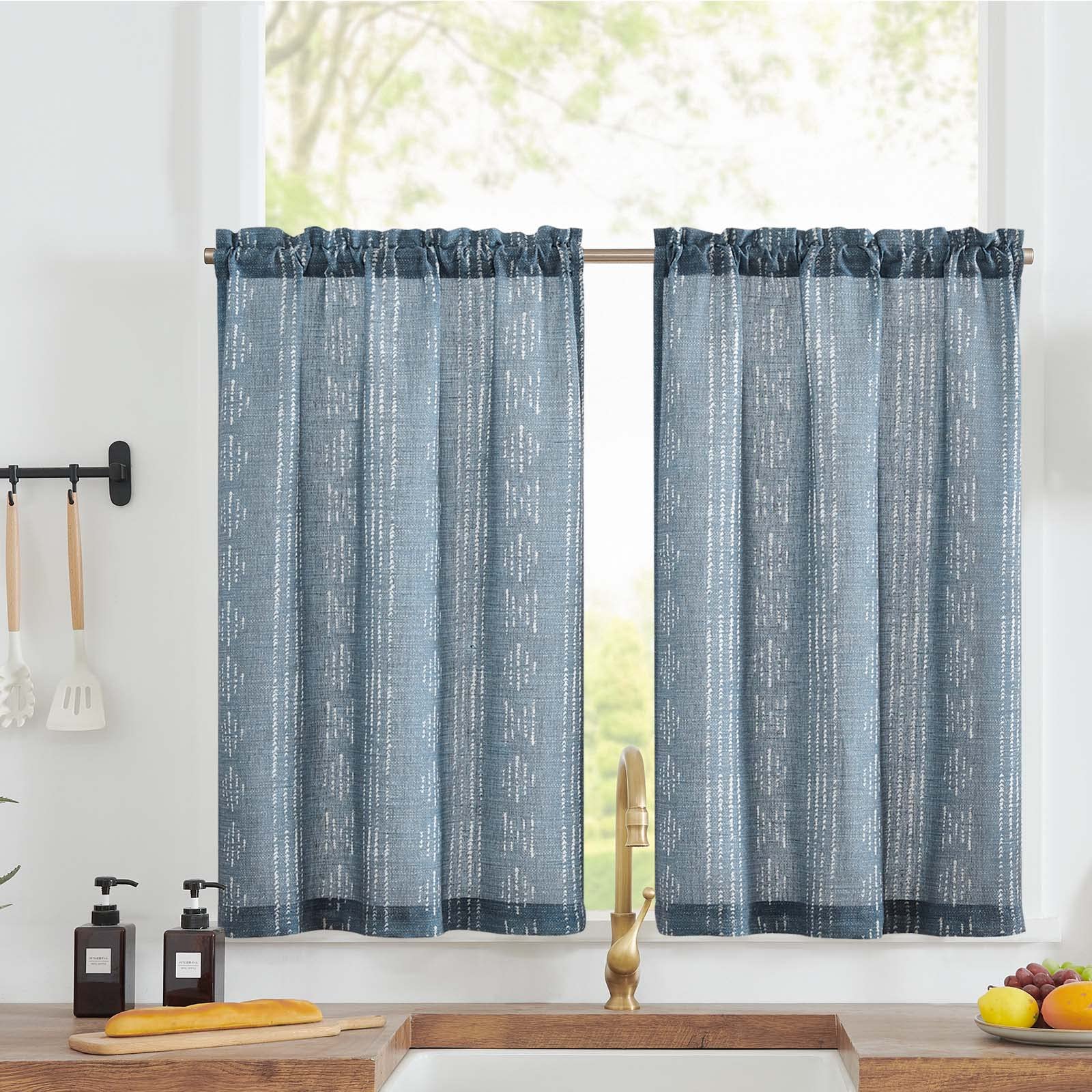 jinchan Boho Kitchen Curtains Linen Tier Curtains 36 Inch Bohemian Cafe Curtains Geometric Striped Small Window Curtains Light F