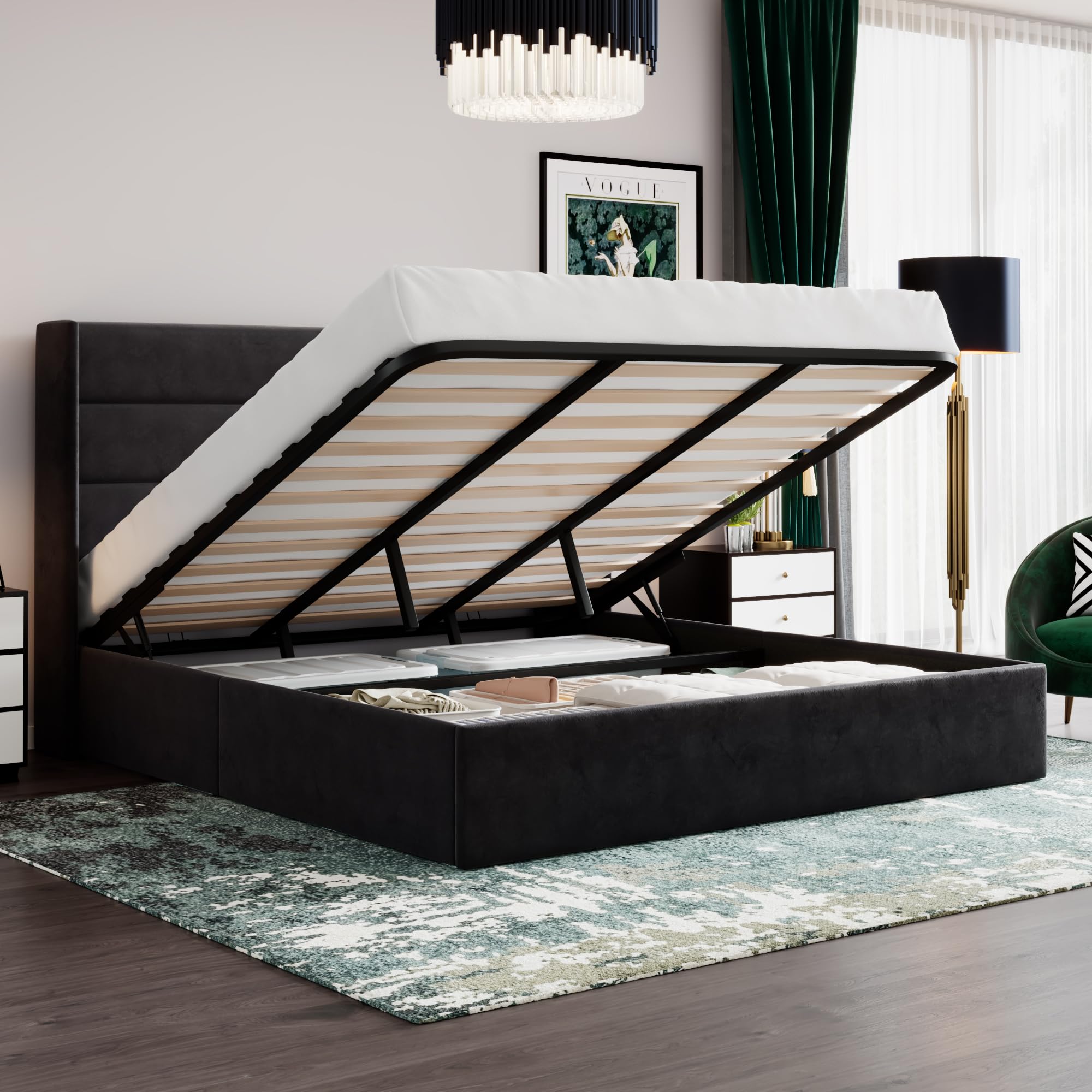 SHA CERLIN King Size Lift Up Storage Bed/Velvet Upholstered/Modern Wingback Headboard/Upholstered Platform Bed Frame/Hydraulic S