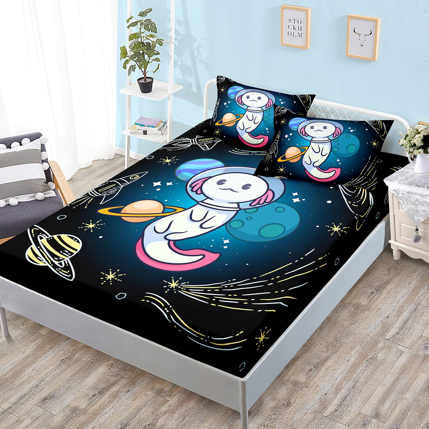 HOSIMA Axolotl Bedding Set for Kids Bedroom Decor,Space Cartoon Pattern Kawaii Set,Wildlife Animals Reptile Toddler Set,Queen Si
