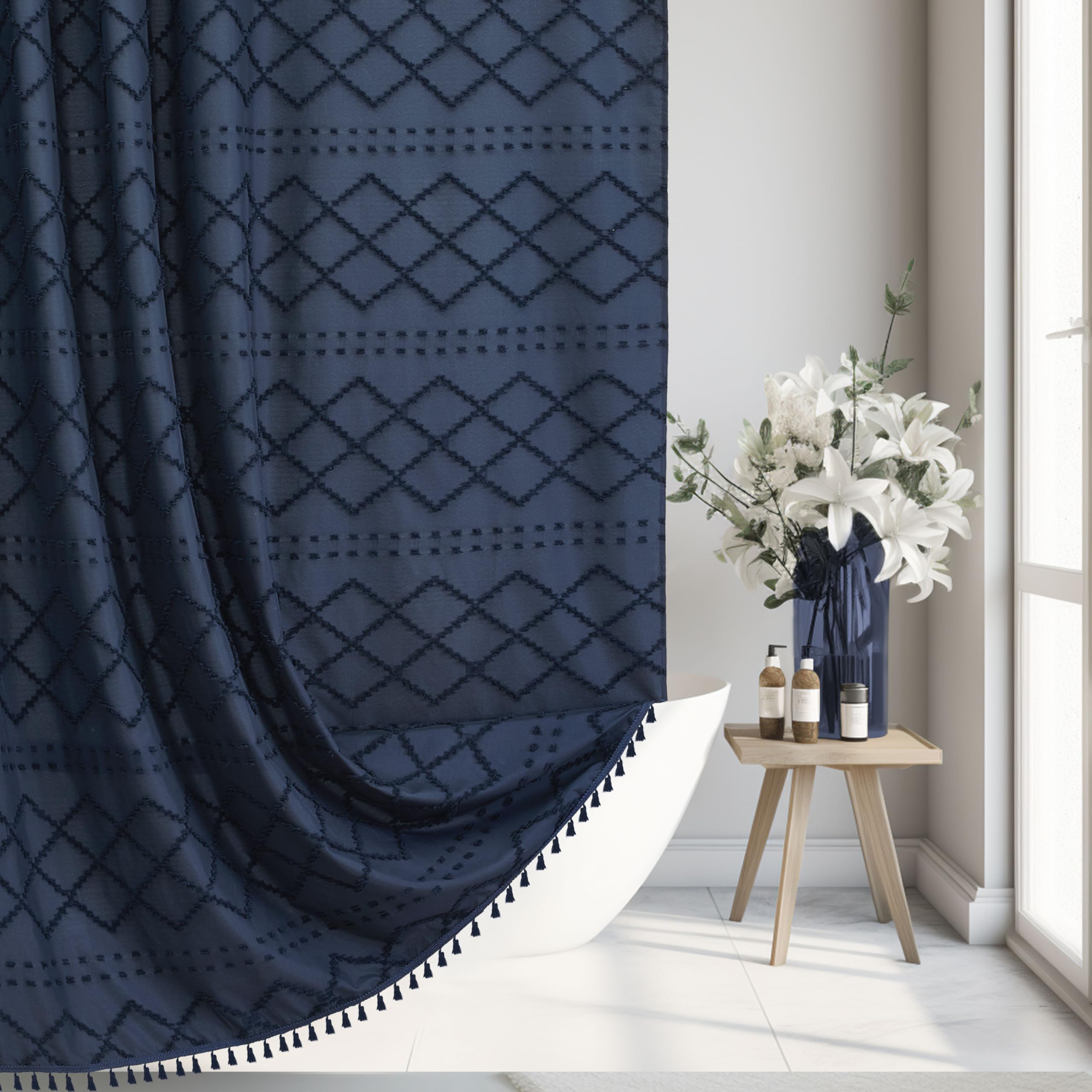 Siiluminisoy Extra Long Navy Blue Boho Shower Curtain Woven Fabric Farmhouse 96 Inch Shower Curtain, 72 x 96 Tufted Chevron Text