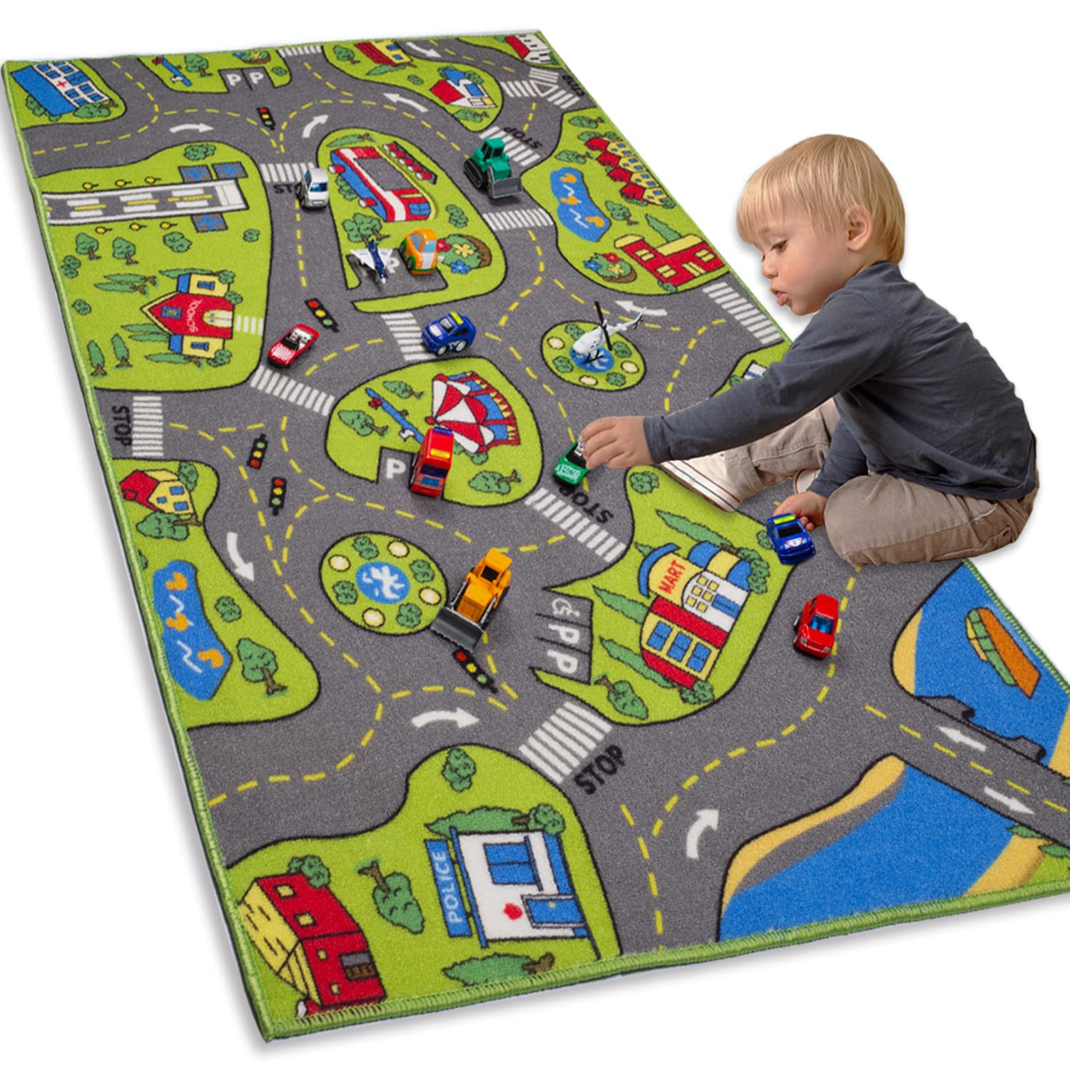 Large Kids Carpet Playmat Rug 52 x 32 with Non-Slip Backing, City Life Play Mat for Playing with Car Toy, Game Area for Baby Tod