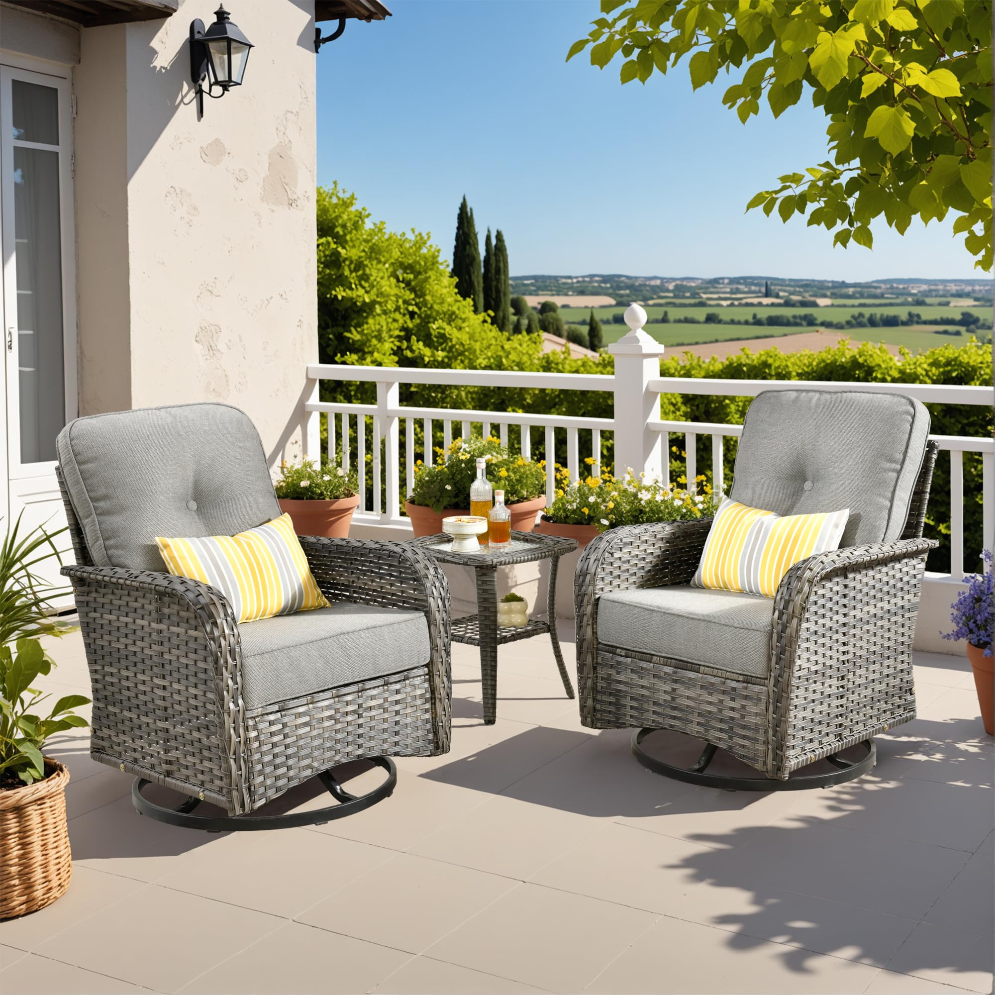 CAODOC 3-Piece Swivel Rocking Rattan Chair Outdoor, Patio Bistro Furniture Conversation Set, Wicker Chair with Coffee Table Dark