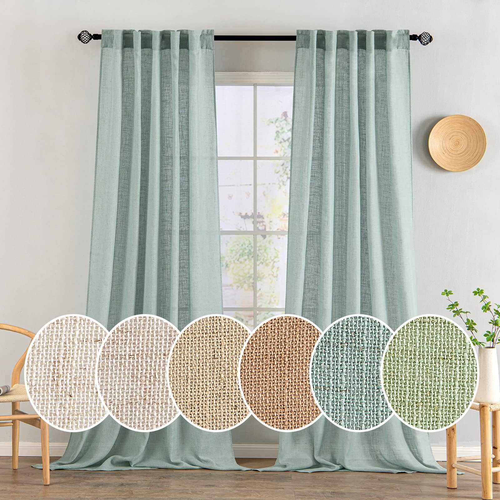 MIULEE Sea Green Linen Curtains 96 Inch Long for Bedroom Living Room, Soft Thick Linen Textured Window Drapes Semi Sheer Light F