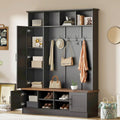 Merax Farmhouse Wood Hall Tree with Shoe Bench and 2 Drawers, 4-in-1 Coat Rack with 6 Hooks for Entrance, Hallway, Mudroom Black