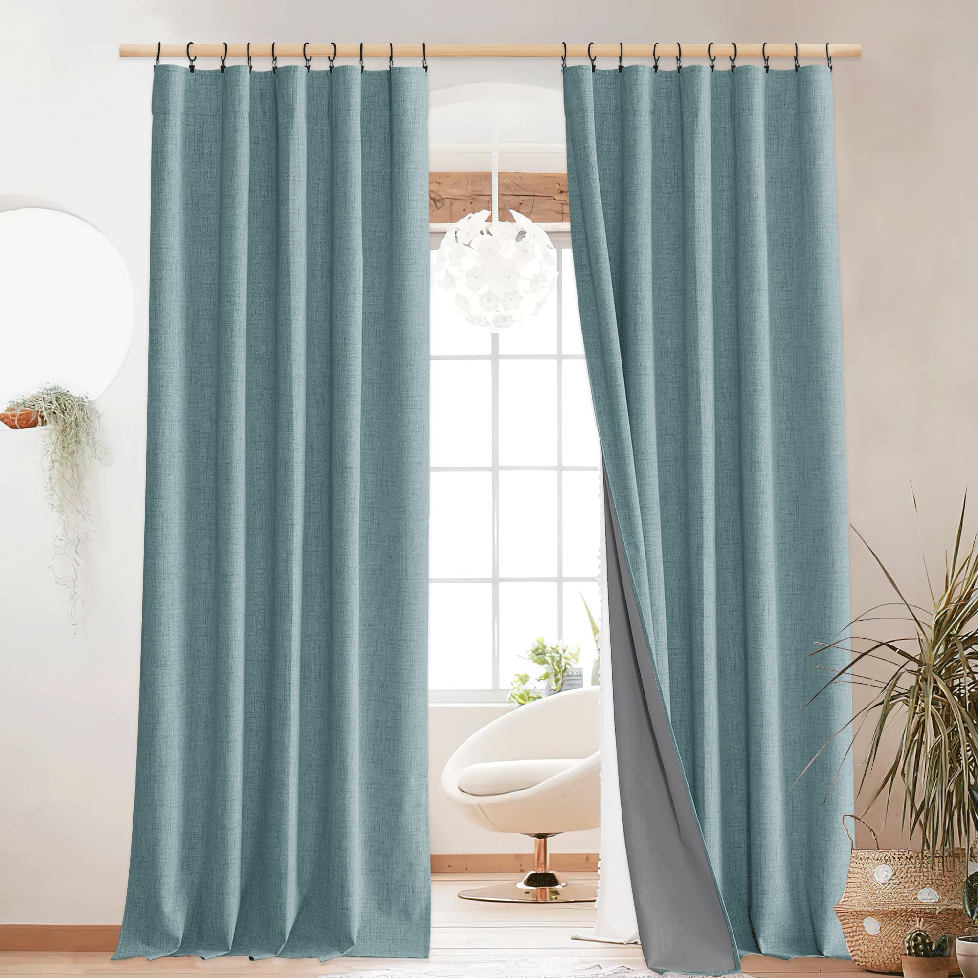 NICETOWN Full Blackout Skylark Blue Linen Curtains 108 Length with Thermal Insulated Liners for Living Room, Farmhouse Style Kee