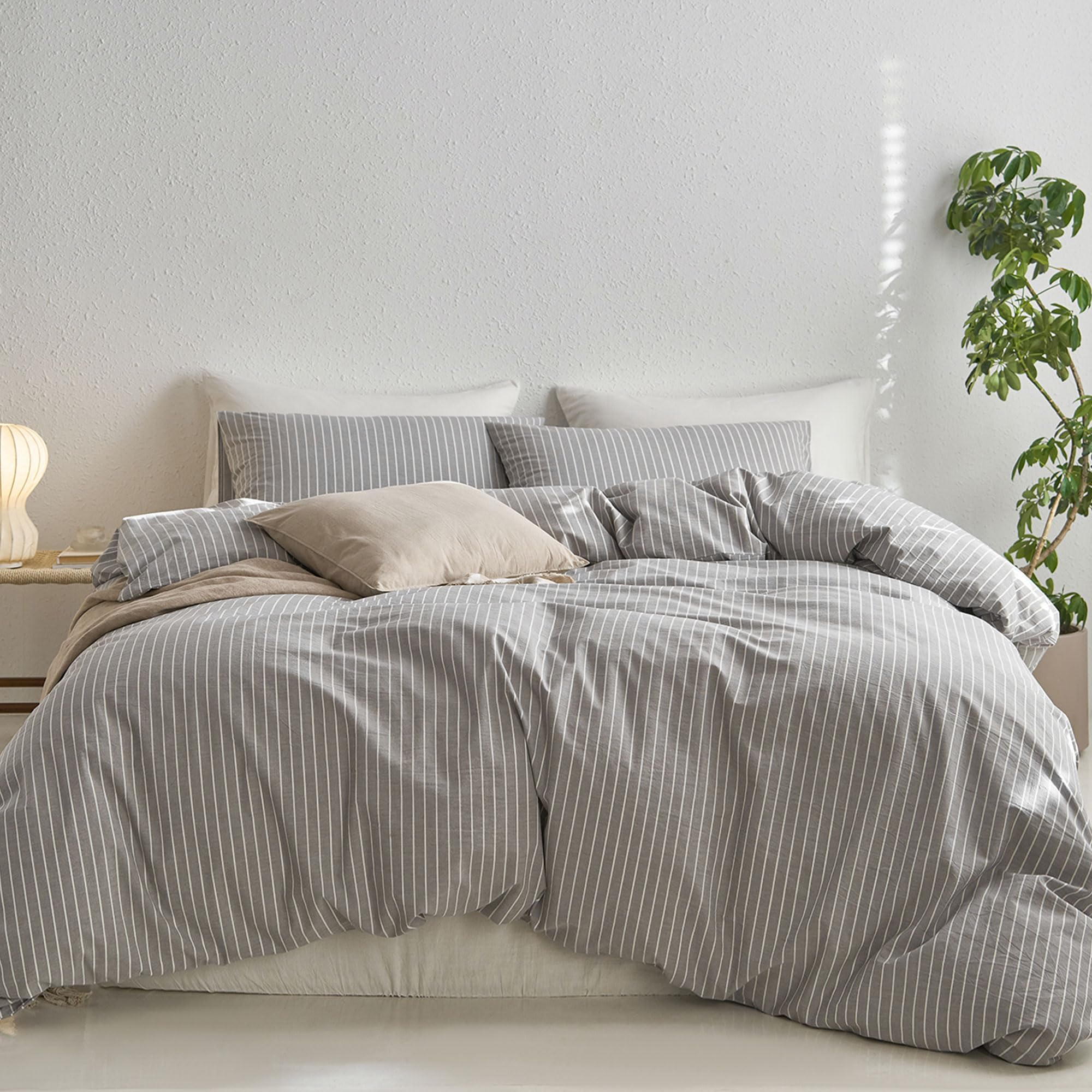 MooMee Striped Duvet Cover Set 100% Washed Cotton Linen Like Textured Breathable Durable Soft Comfy (Light Grey White Wide Strip