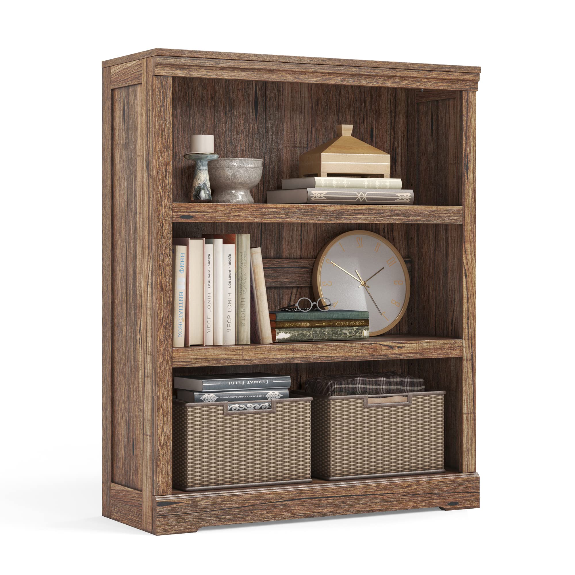 LINSY HOME 3-Tier Bookcase Display Storage Shelves Farmhouse Bookshelf for Home Office, Living Room, Bed Room - Dark Brown