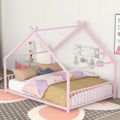 Montessori Floor Bed with Headboard and Footboard, Twin Floor Bed with Slats, Metal House Floor Bed for Kids, Girls, Boys, Pink 