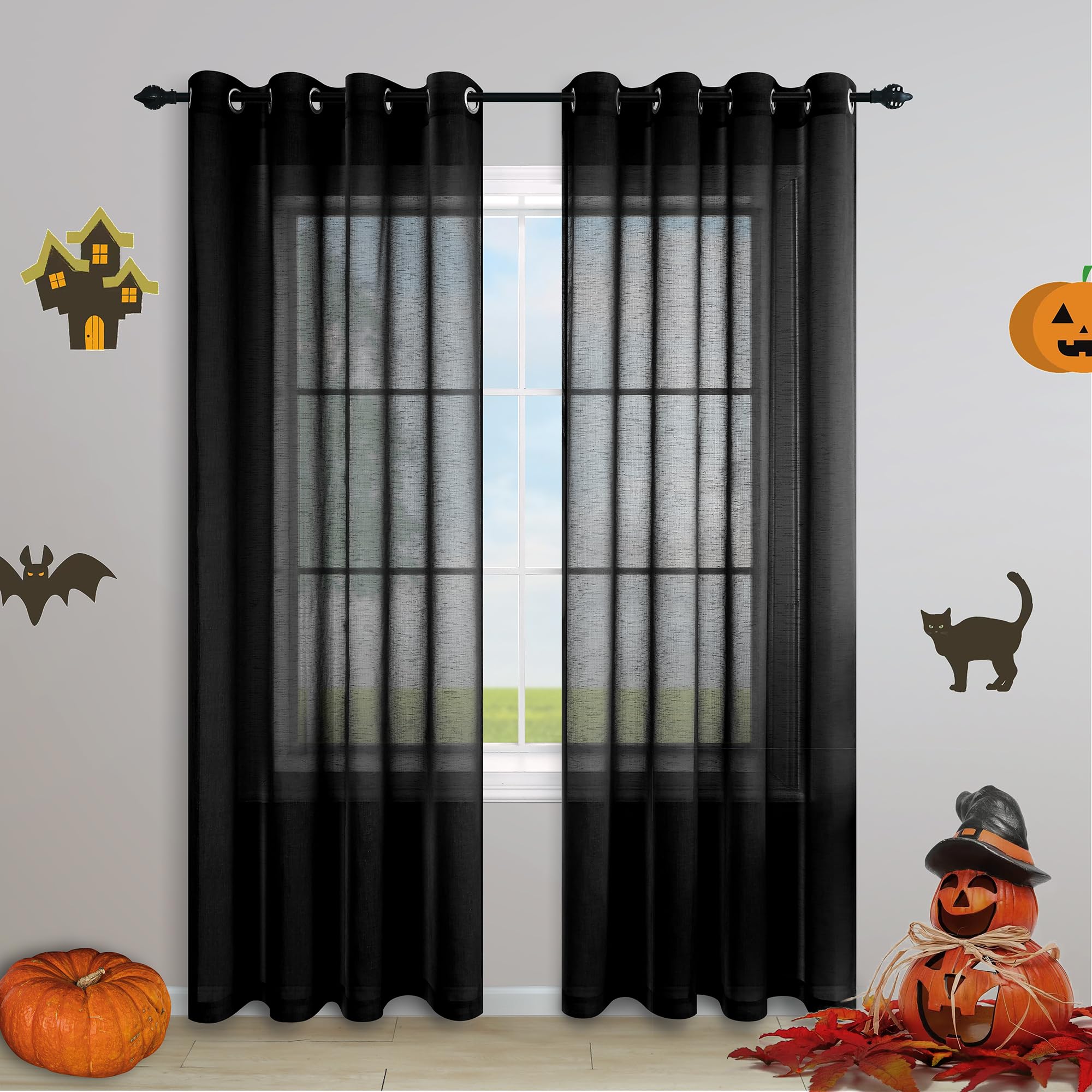 Black Curtains 84 Inches Long for Bedroom 2 Panels Set Grommet Top Eyelet Window Drapes Linen Textured Semi Opaque Black Sheer C
