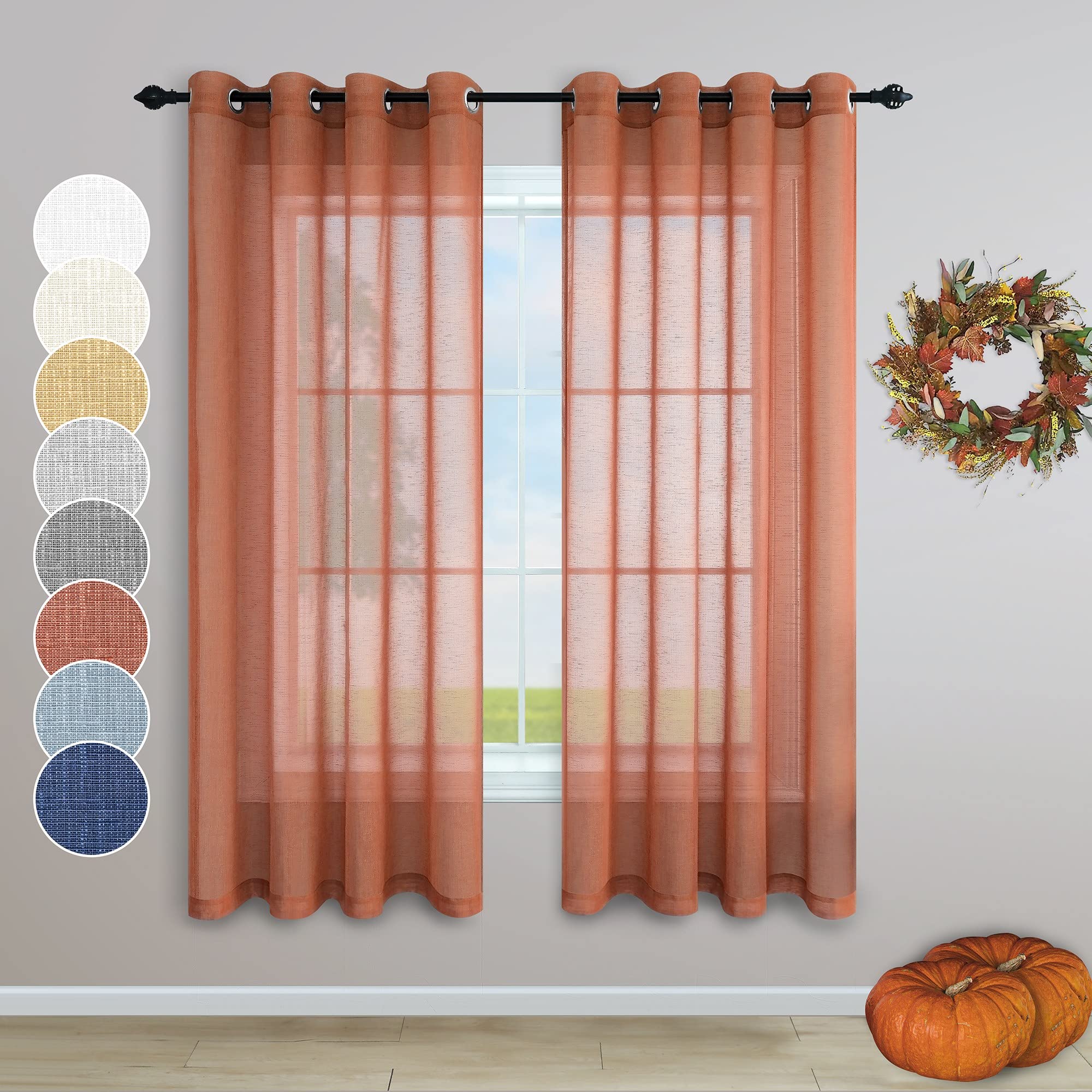Rust Sheer Curtains 72 Inch Length for Kids Bedroom Pair Set Grommet Window Panels Faux Linen Decent Pop Color Terracotta Curtai