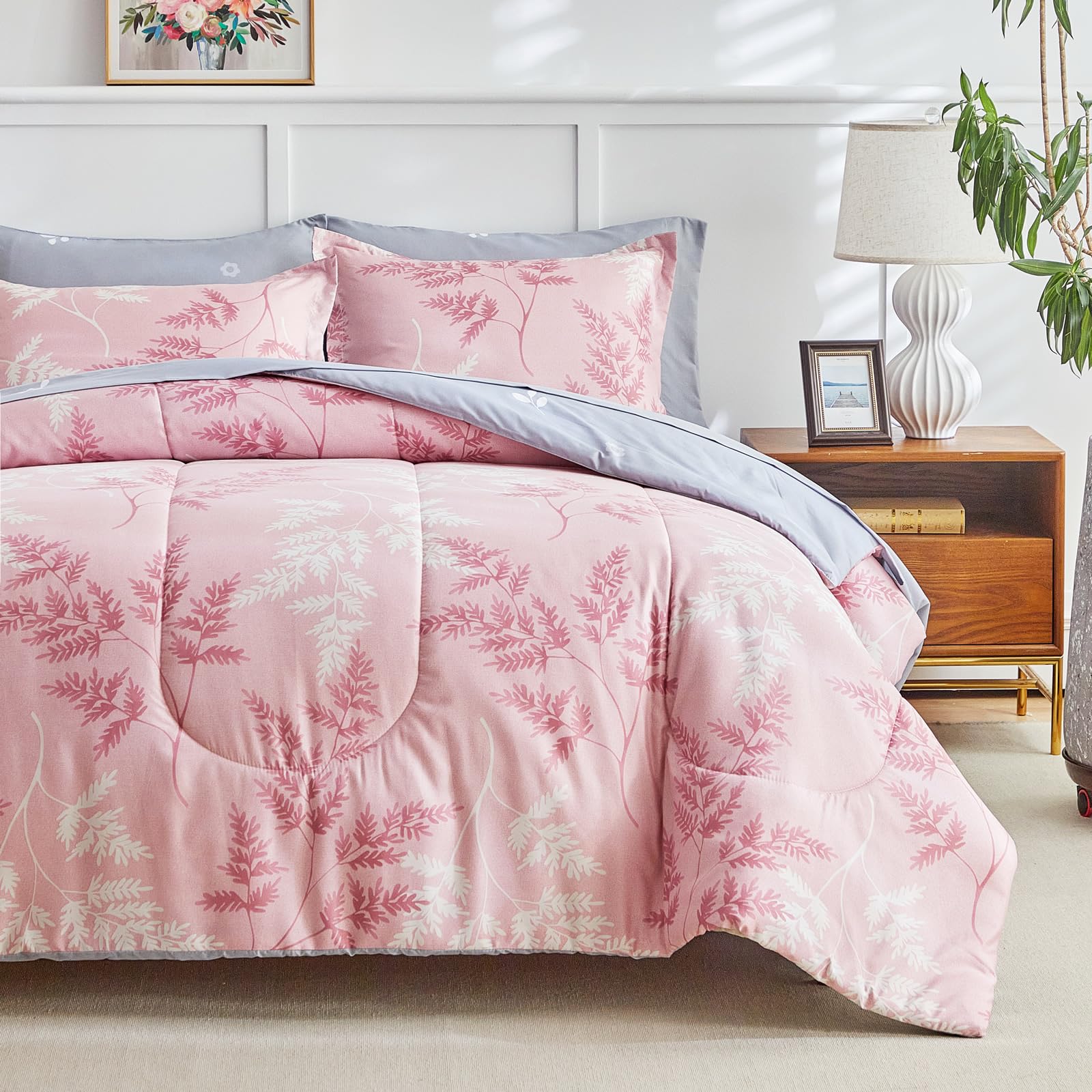 AIKASY Pink Queen Comforter Set with Sheets,Bed in a Bag 7-Pieces,Palm Tree Totem Printing Design,Ultra Soft Down Alternative Al