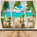 Ocean Beach Tapestry, Nature Coconut Palm Tree Garden Scenery Window Tapestries Wall Hanging for Bedroom College Dorm Decor, Sum