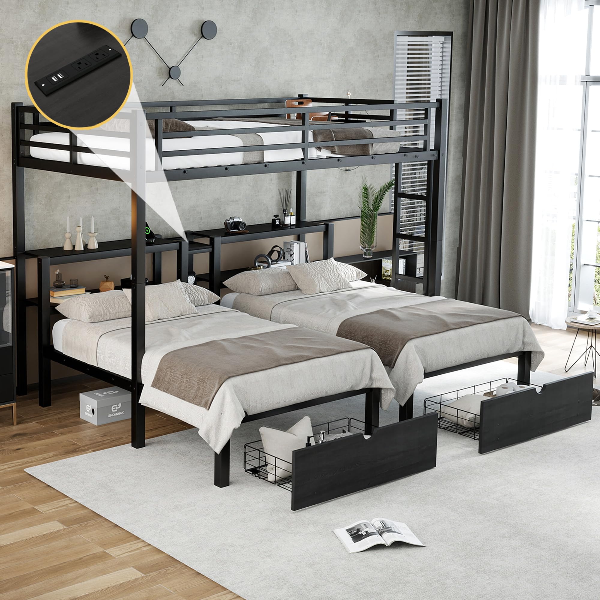 Heavy Duty Triple Bunk Bed with Storage Drawers, Shelves, Triple Bed with Charging Station, Full XL Over Twin Over Twin Triple B