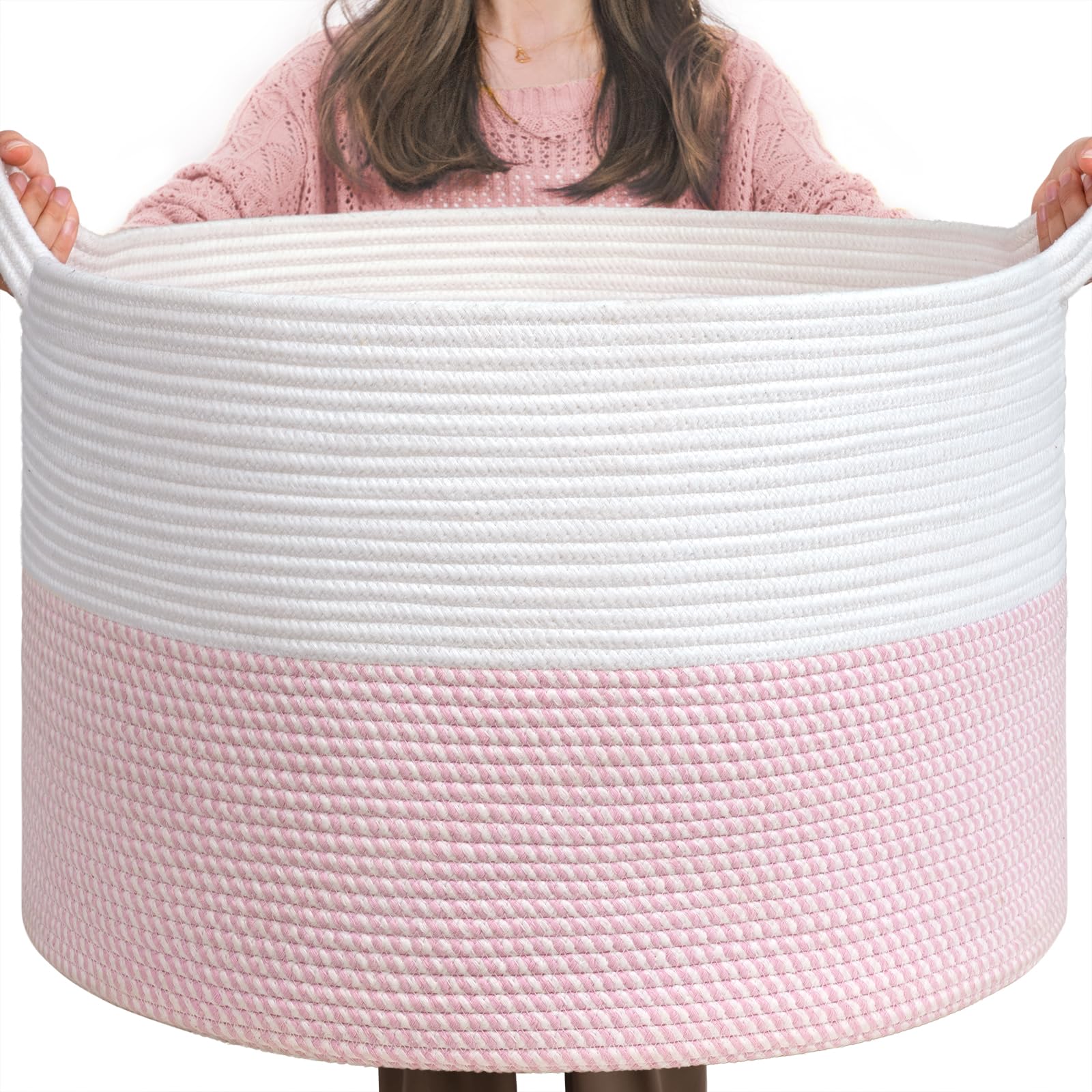 INDRESSME XXXLarge Storage Basket with Handle, Pink Laundry Basket for Nursery Stuffed Animal Storage, Baby Baskets Kids Toy Org