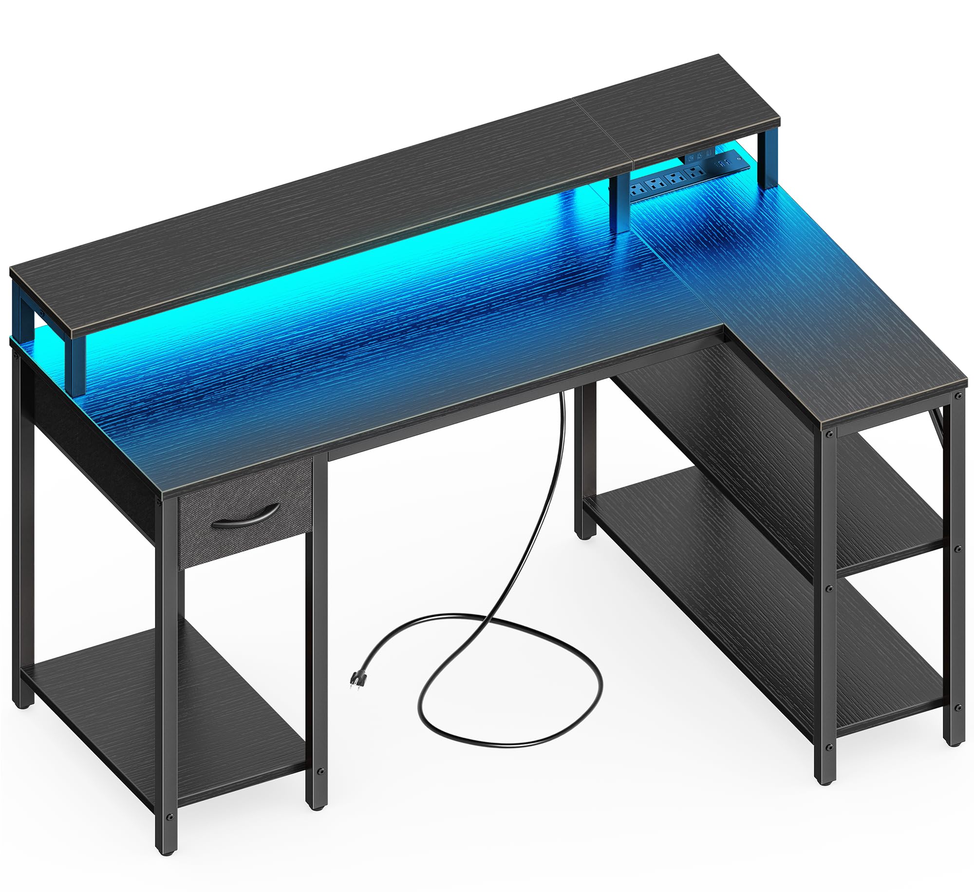 SUPERJARE 47 inch Reversible L Shaped Desk with LED Lights & Power Outlets, Computer Desk with Shelves & Monitor Stand, Gaming D