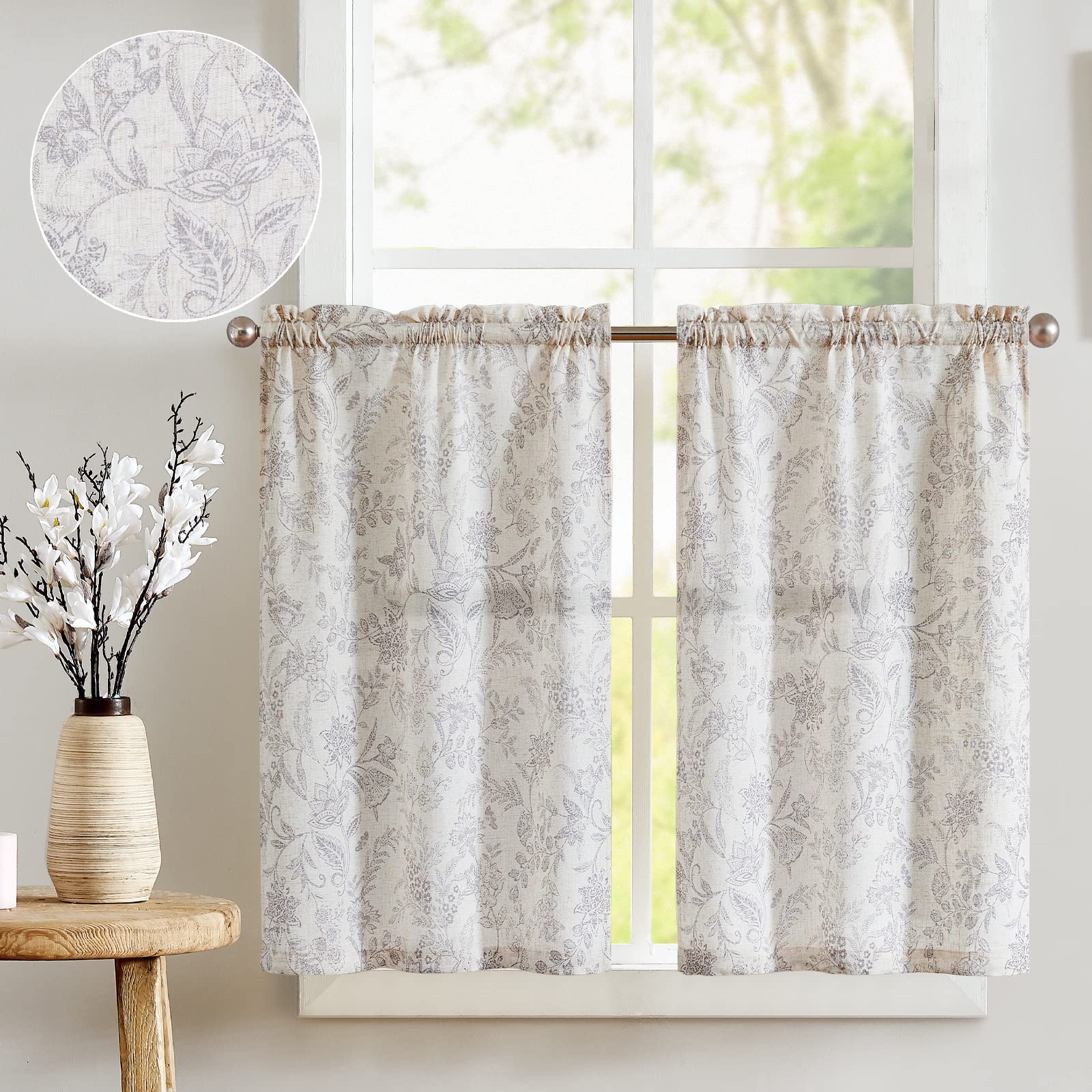 jinchan Floral Kitchen Curtains for Windows 45 Inch Gray Linen Tier Farmhouse Cafe Curtains Country Botanic Small Window Rod Poc