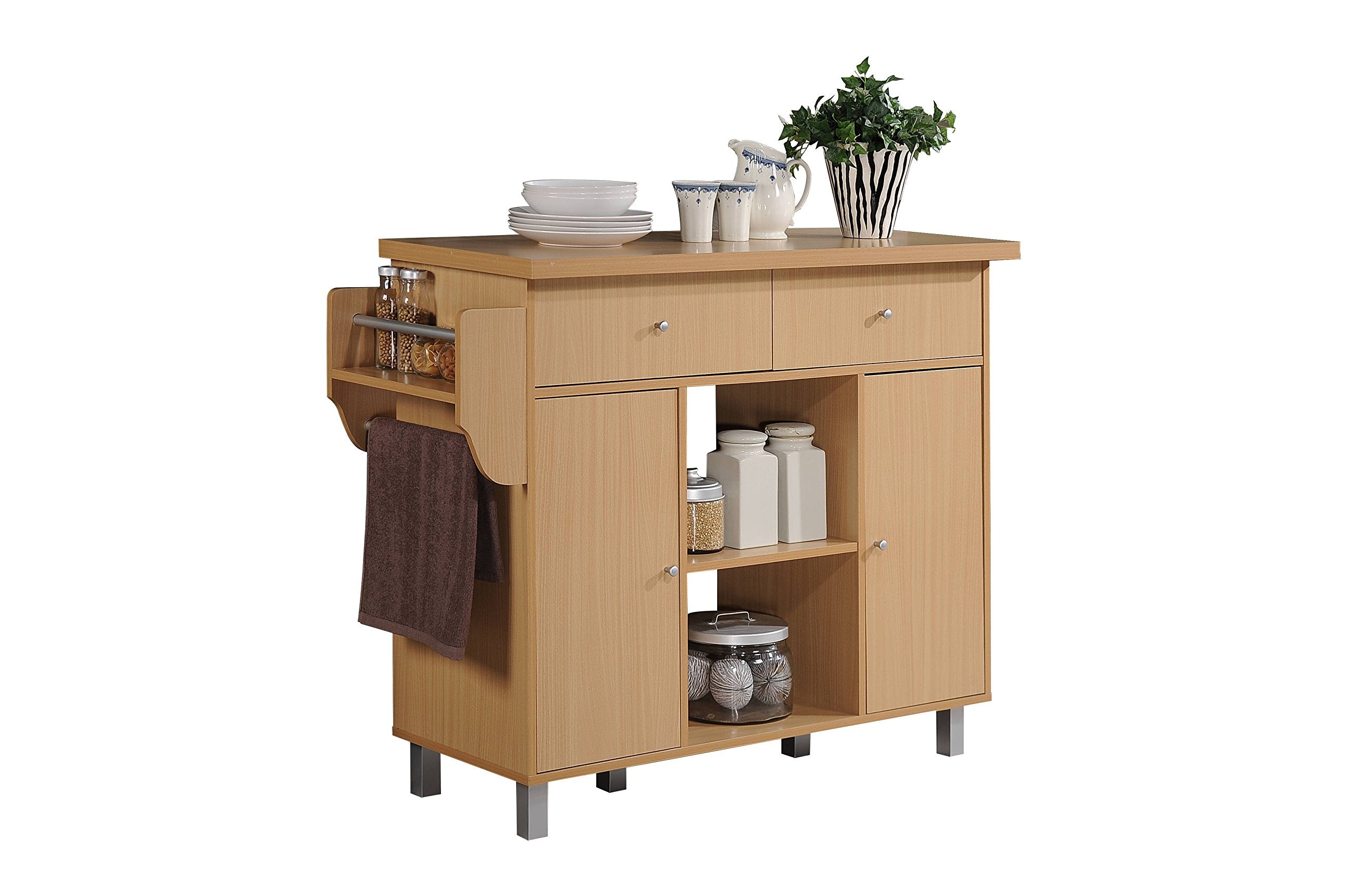 Hodedah Import Kitchen Island with Spice Rack and Towel Rack, Beech