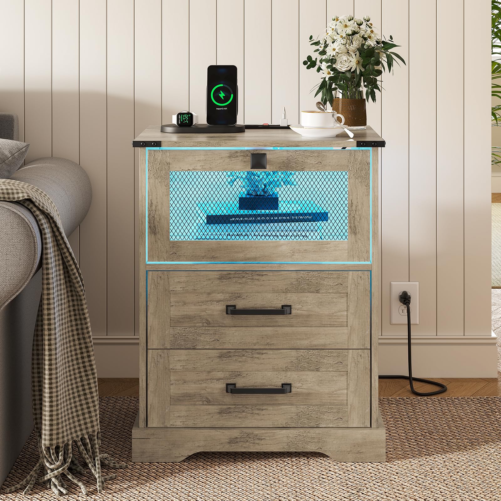 Hasuit Farmhouse Night Stand with LED Lights and Charging Station, Rustic Oak Nightstand with 2 Drawers, and Cubby with Wire Mes