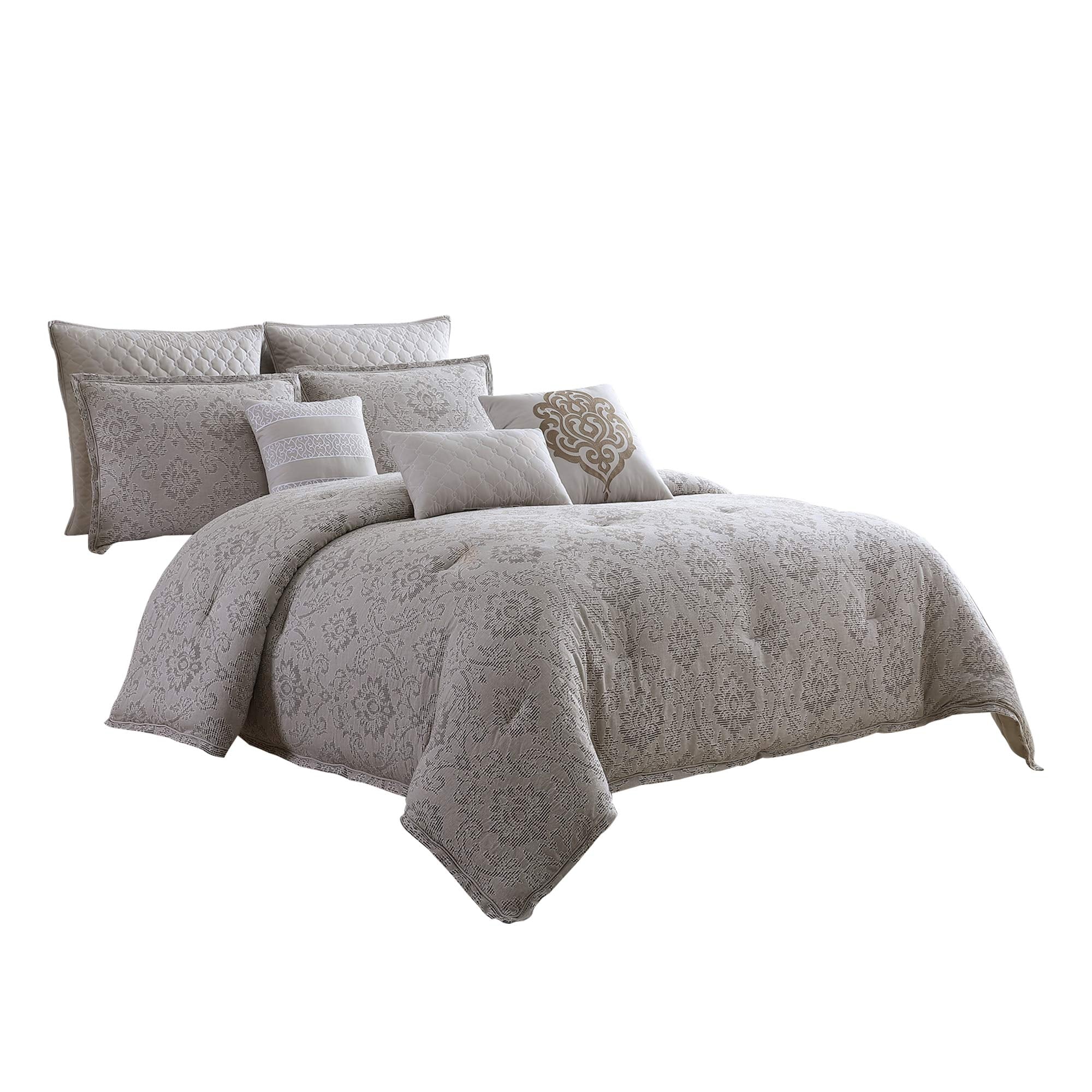 Benjara 9 Piece Queen Cotton Comforter Set with Textured Floral Print, Gray
