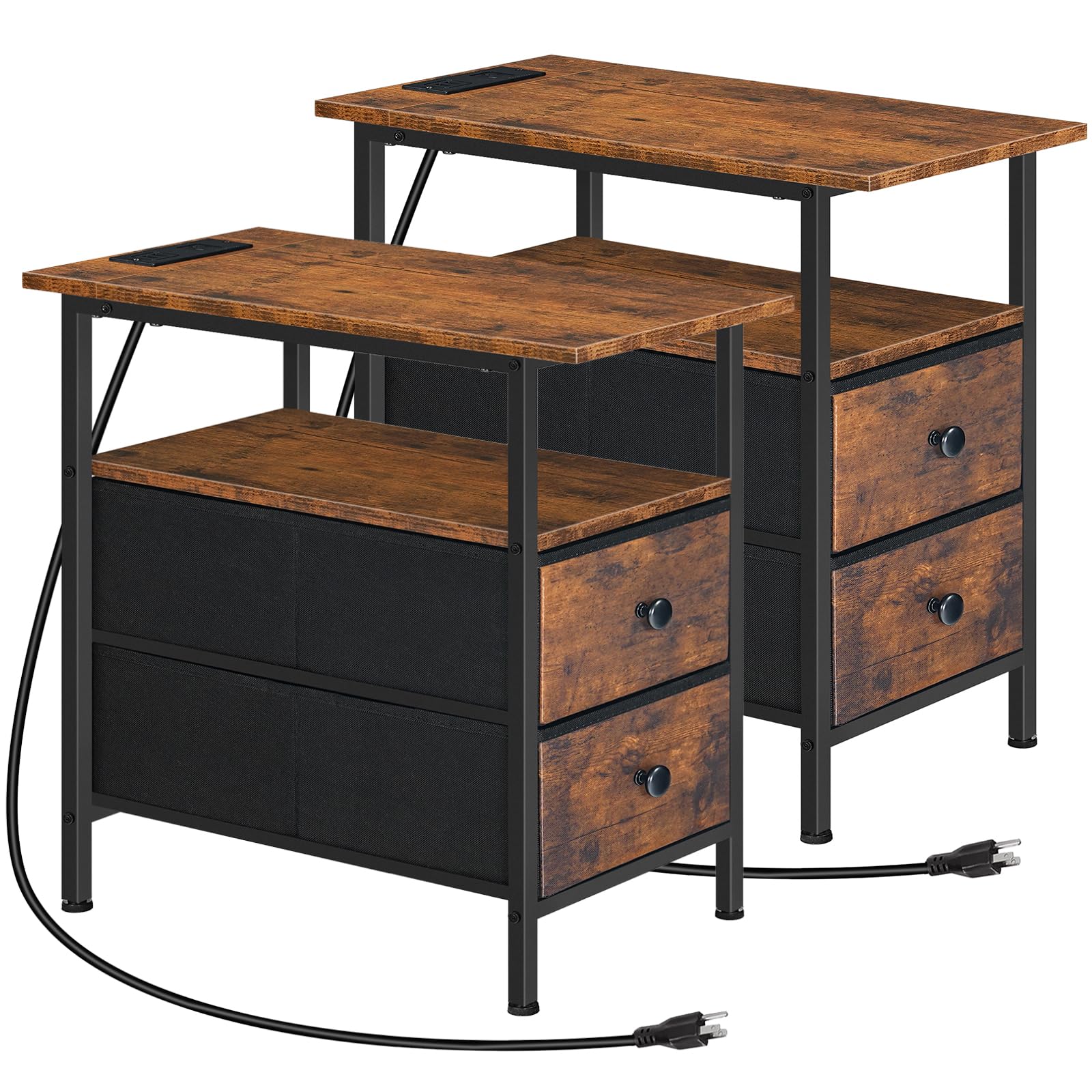 HOOBRO End Table with Charging Station, Set of 2 Narrow Side Tables, Nightstand with 2 Non-Woven Drawers, Slim Sofa Table, for S