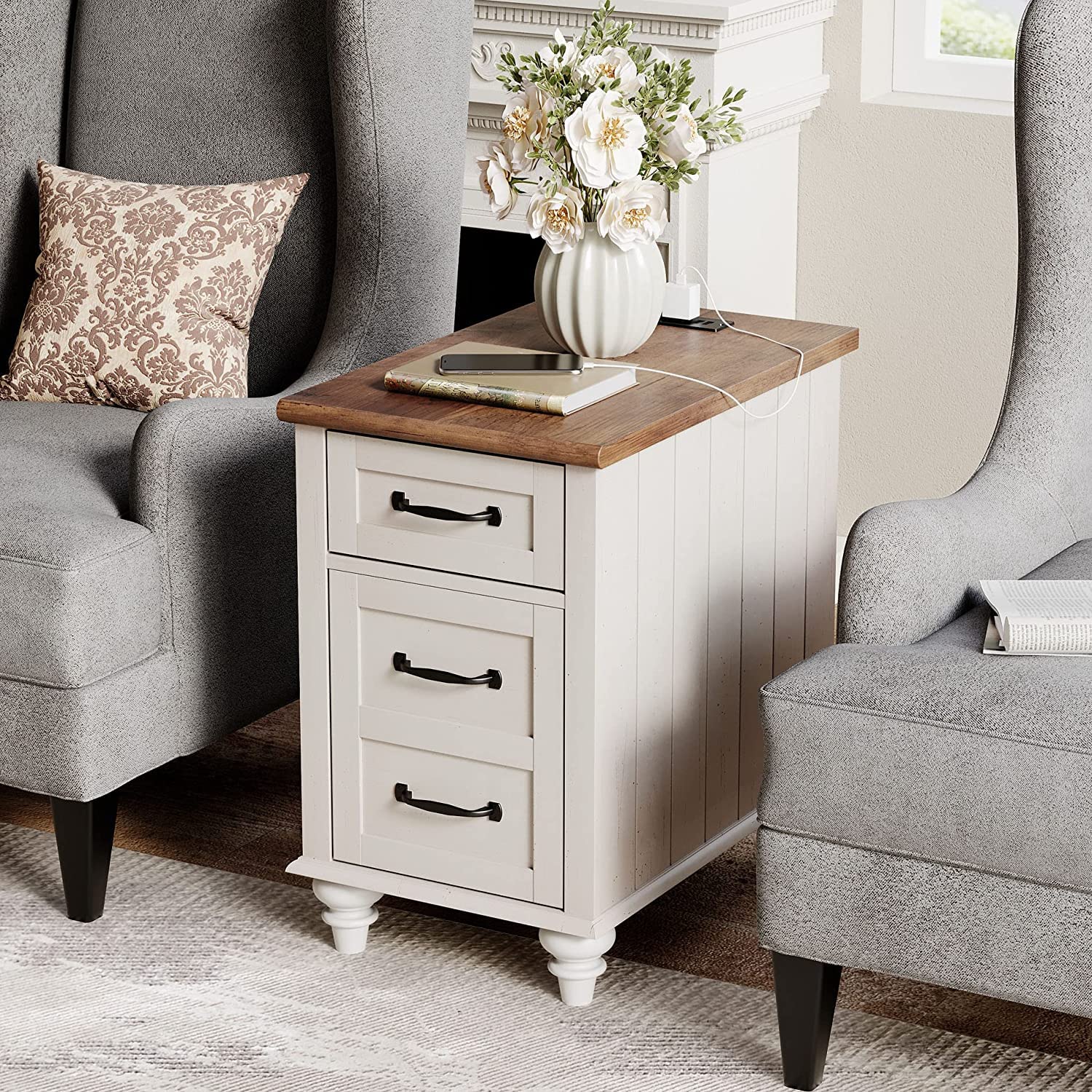 WAMPAT End Table with Charging Station, White Side Table with Storage Cabinet and Drawer, Wood Nightstand with Power Outlets & U
