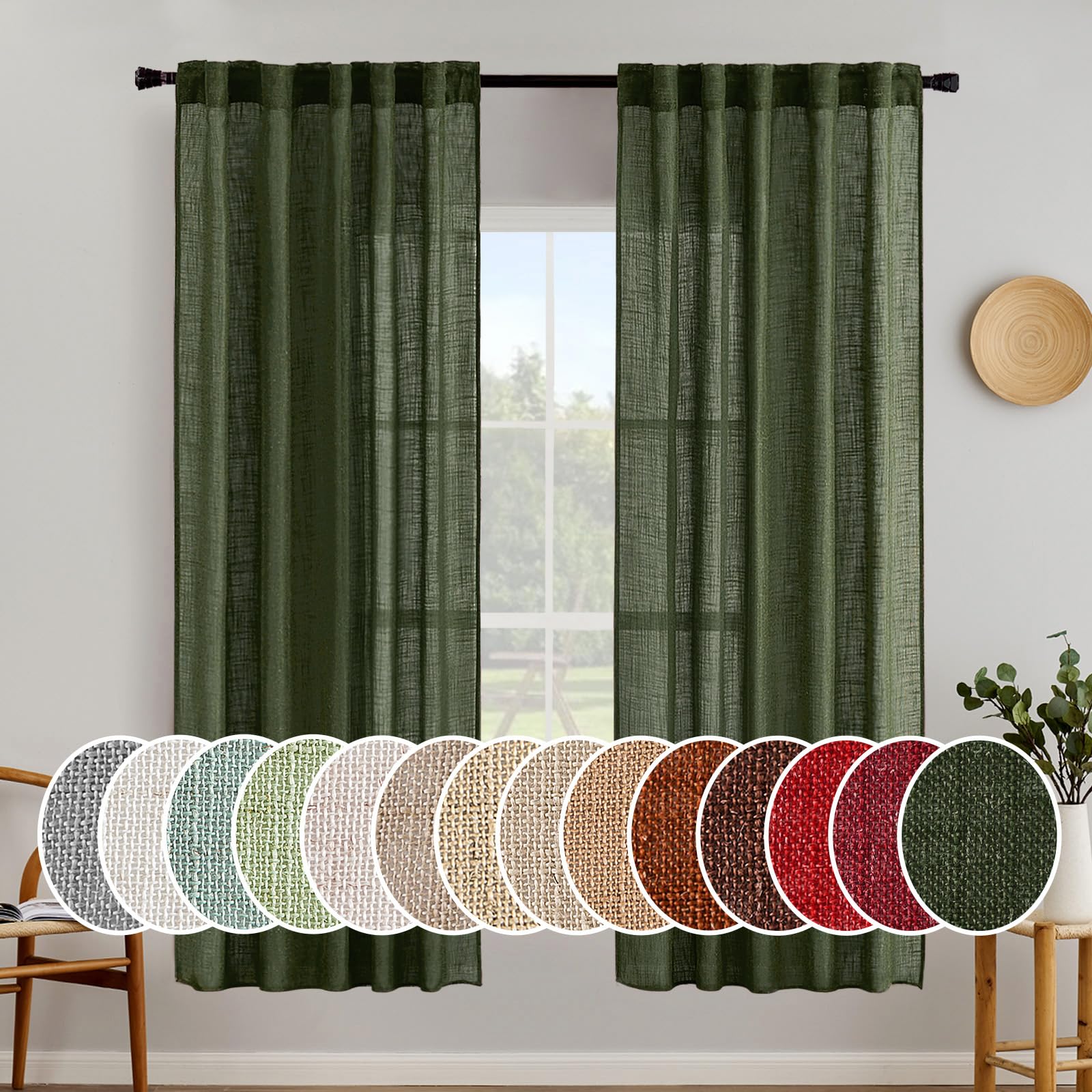 MIULEE Olive Green Linen Curtains 72 Inch Length for Bedroom Living Room, Soft Thick Linen Textured Window Drapes Semi Sheer Lig