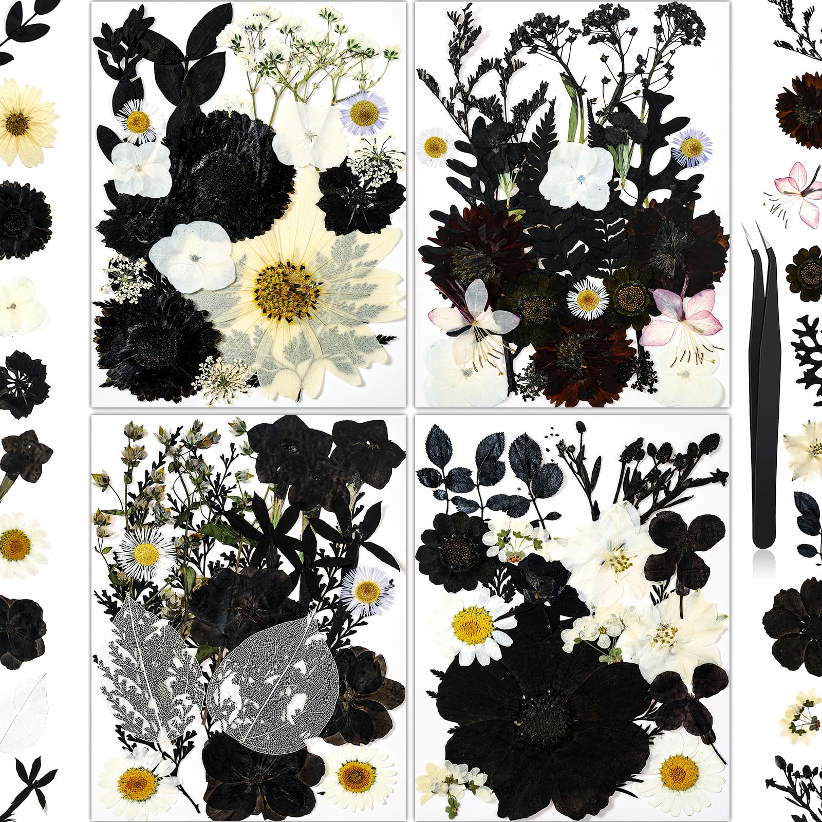 85Pcs Black Dried Flowers for Crafts, Natural Pressed Flowers for Crafts Real Dried Pressed Flowers Dry Leaves for Resin, DIY Ar