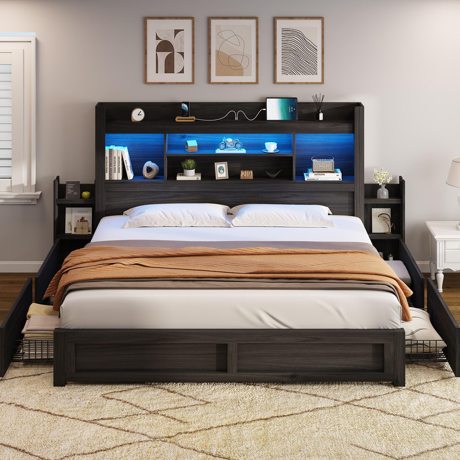 AMERLIFE King Size Bed Frame with 4 Storage Drawers, LED Bed Frame with 49.6 Tall Bookcase Headboard, Wood Platform Bed with Cha