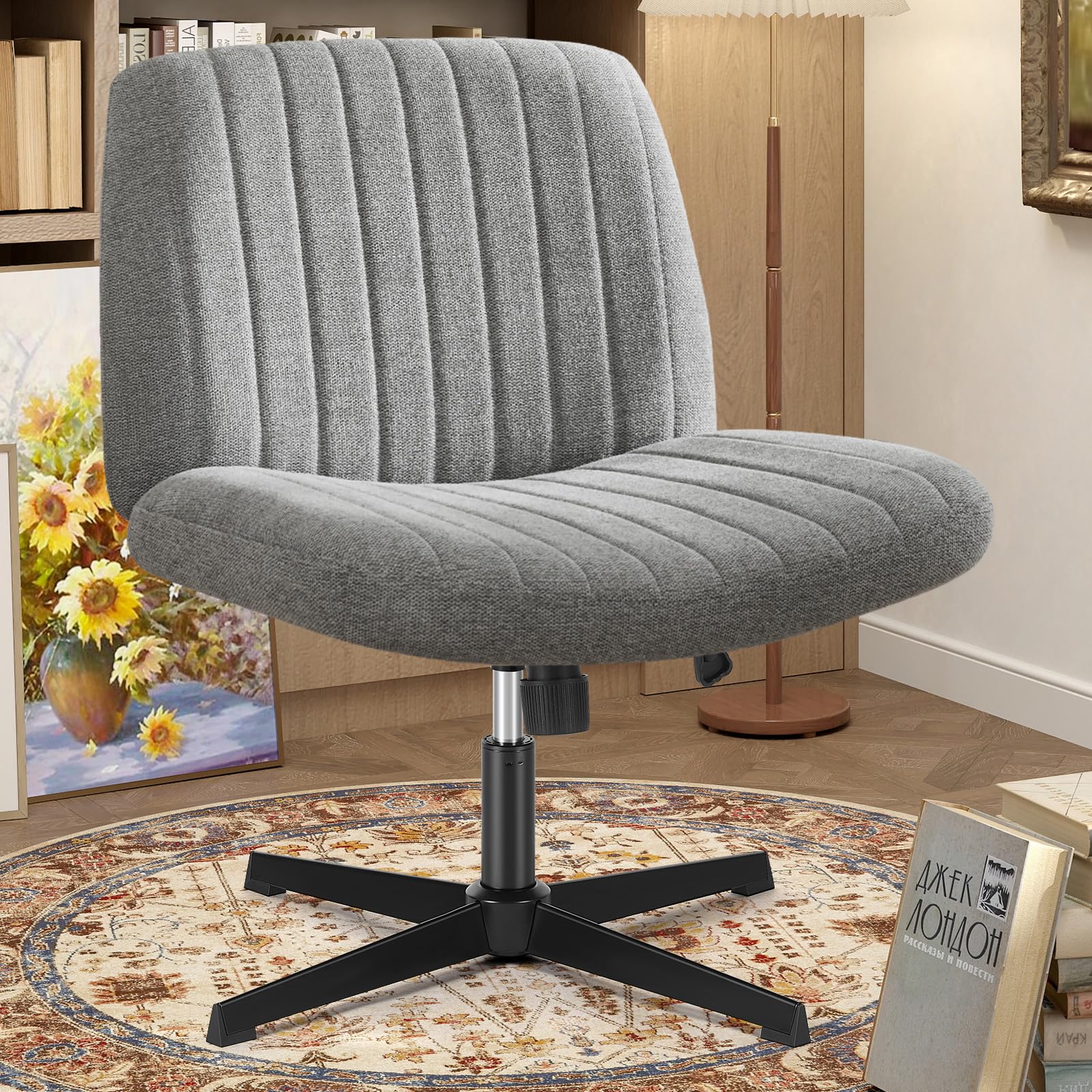 OLIXIS Criss Cross Legged Chairs Armless No Wheels Wide Seat Height Adjustable Swivel Padded Fabric Home Office Desk Seating for