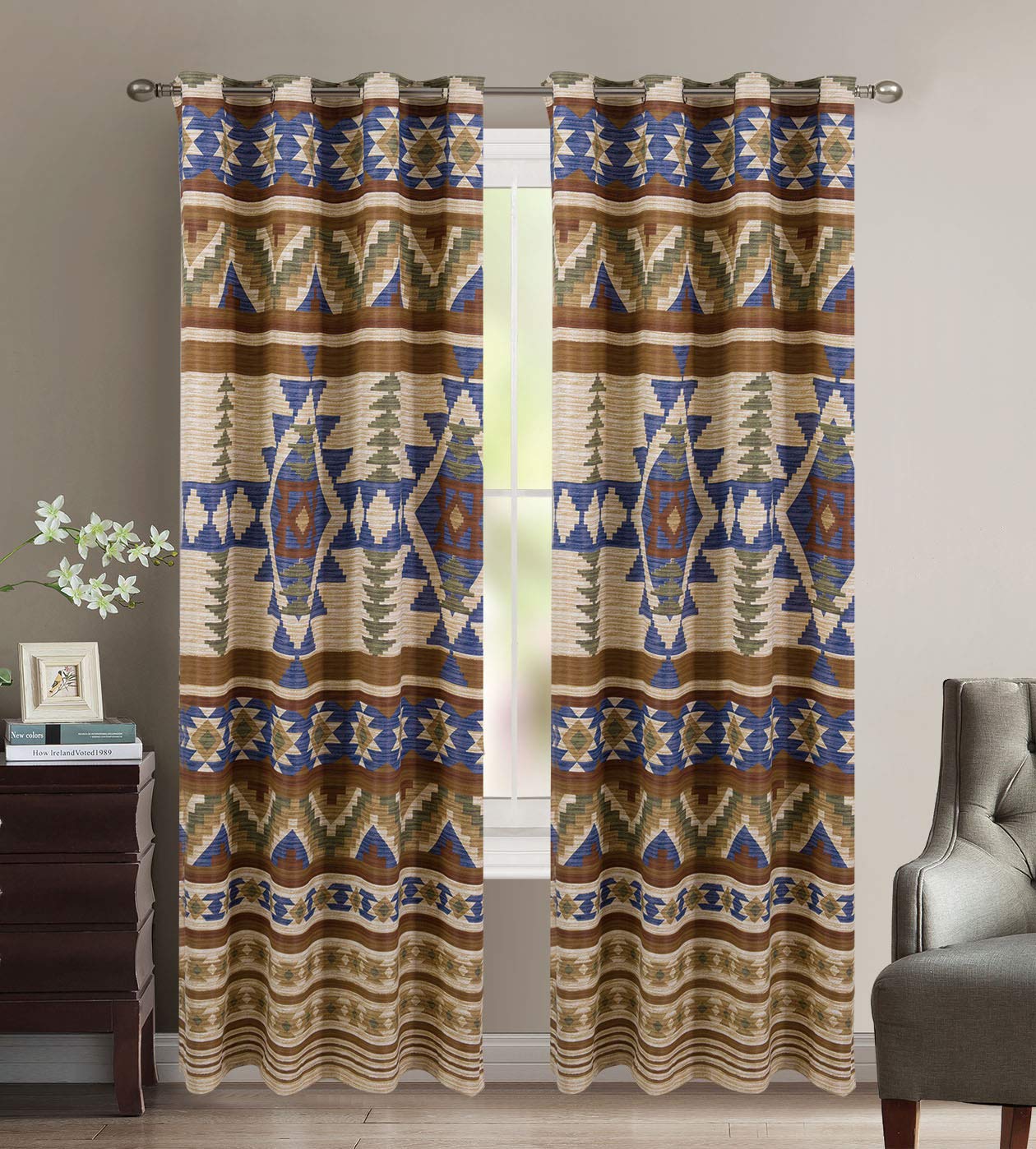 Austin Rustic Western Southwest Native American Thermal Insulation Window Treatment Grommet Curtain Set in Beige Taupe Brown Blu